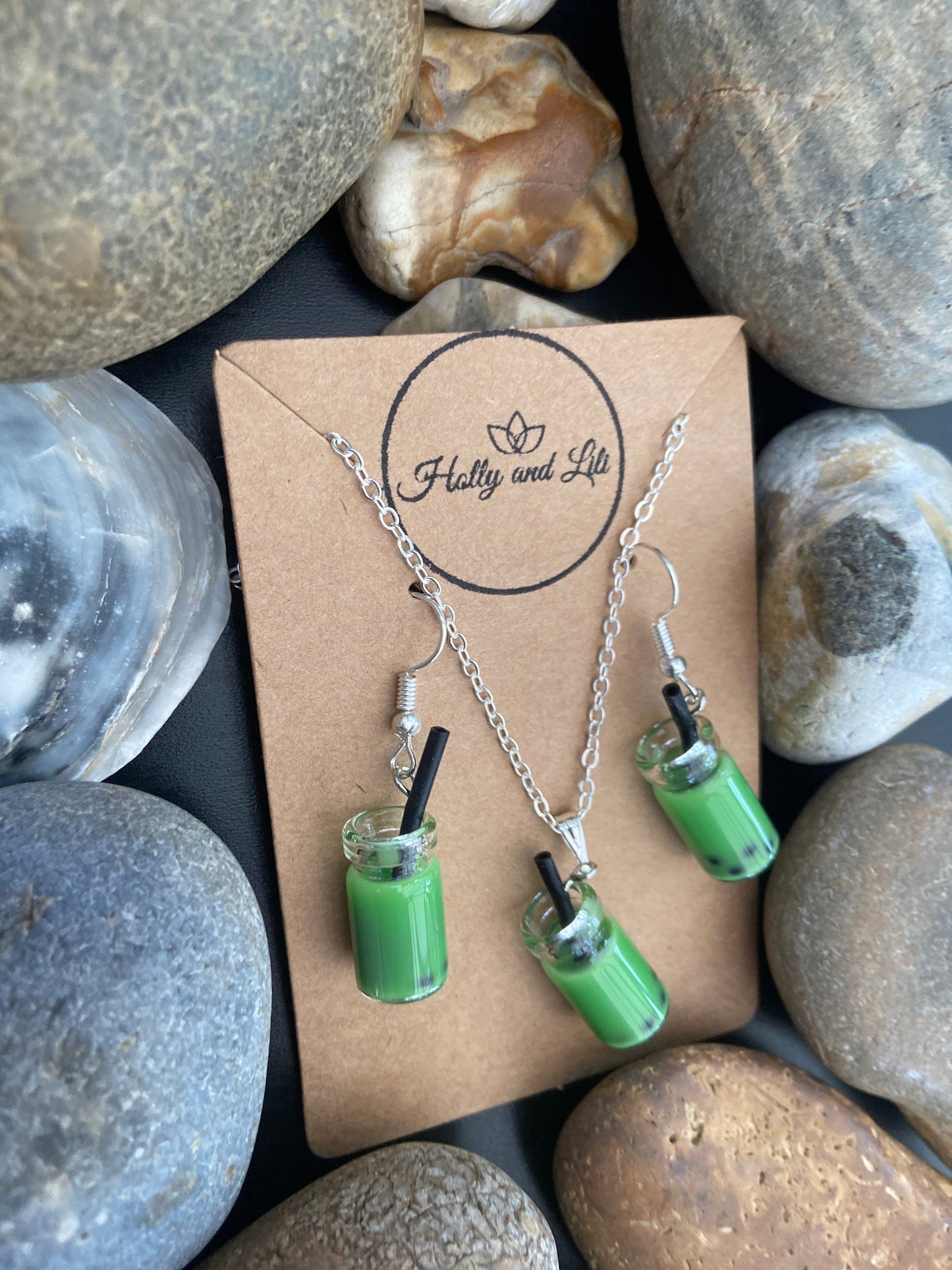 Bubble Tea Novelty Necklace & Earring Dark Green colour Set, Dark green Bubble Tea, Green Boba Tea Necklace, Bubble Tea Earring set, Bubble