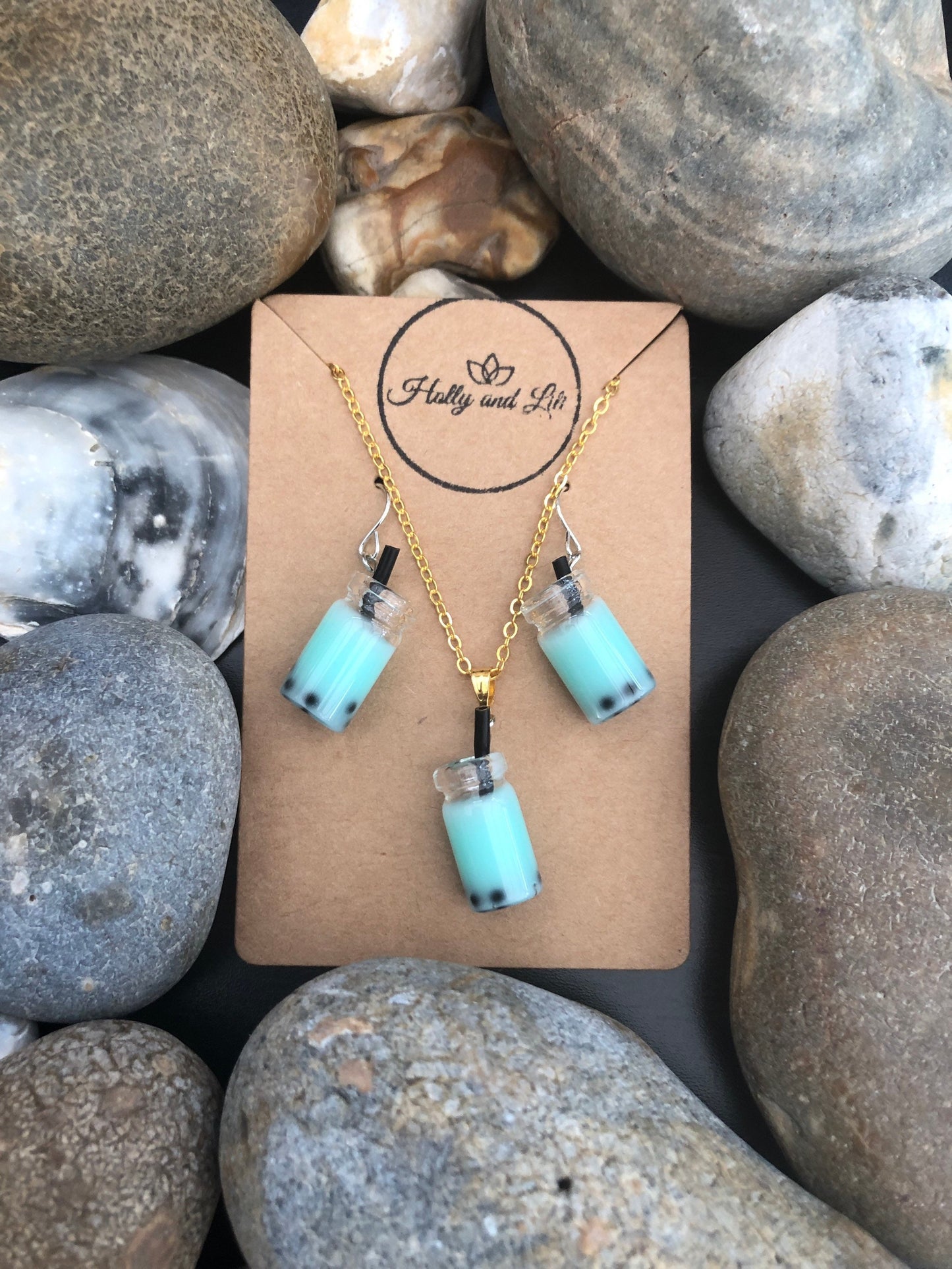 Boba Jewellery Set, Light Blue Bubble Tea Necklace And Earring Set, Personalised Set, Boba Tea, Bubble Tea, Milk Tea Set, First Jewellery