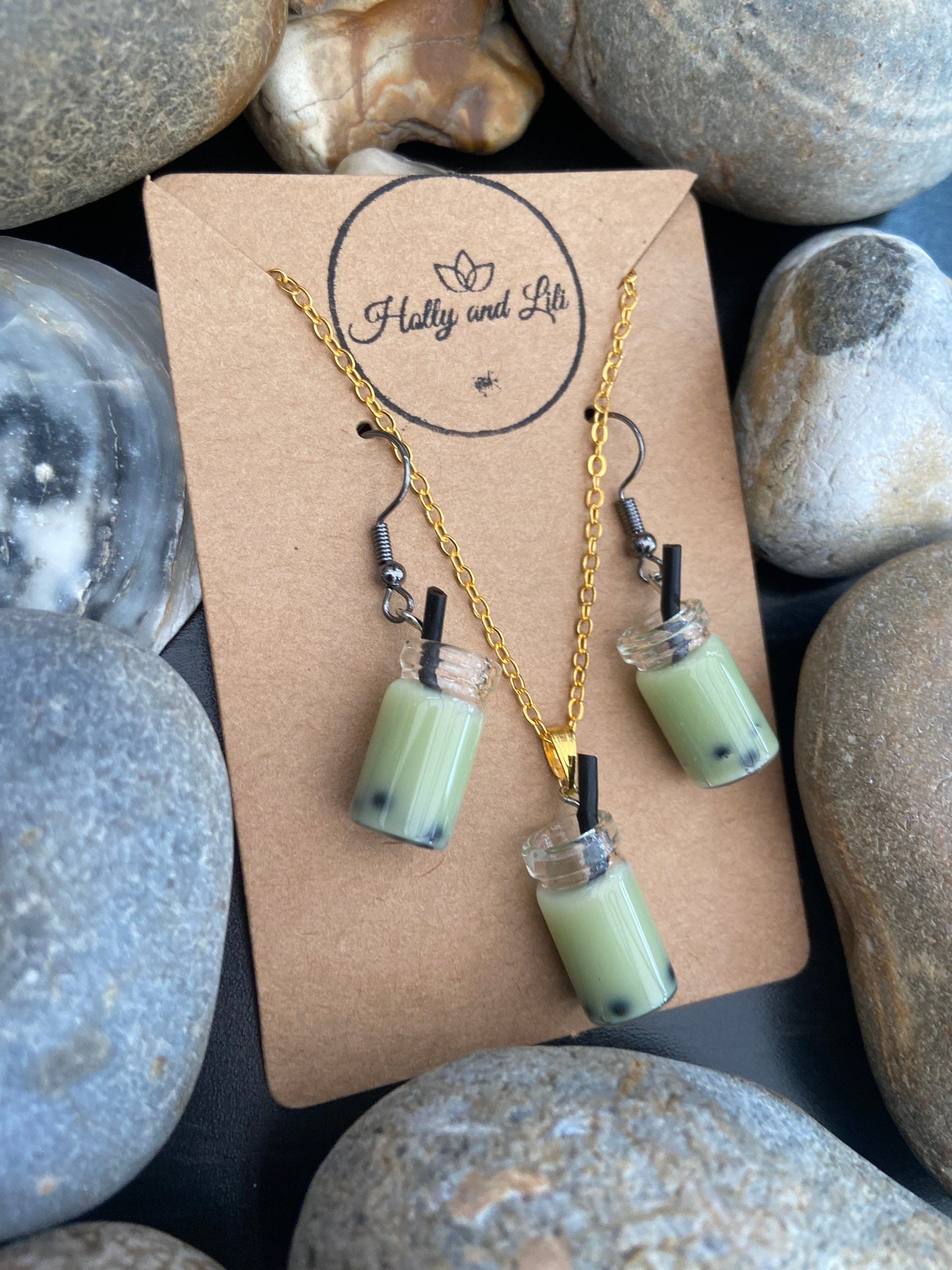 Bubble Tea Novelty Necklace & Earring Light green colour Set - Light Green Bubble Tea, Boba Tea Necklace, Bubble Tea Earrings, Boba Set, BFF