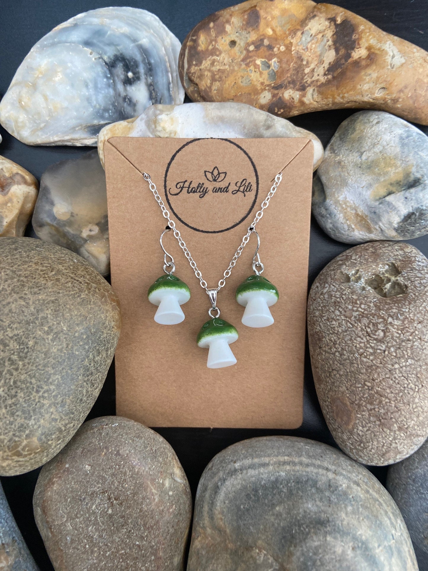 Mushroom green charm Drop & Dangle Earrings, Novelty Necklace Pendant, Green Mushy Gift Set, Best Friend, Bff, Mushy Gifts For Here, Shrooms