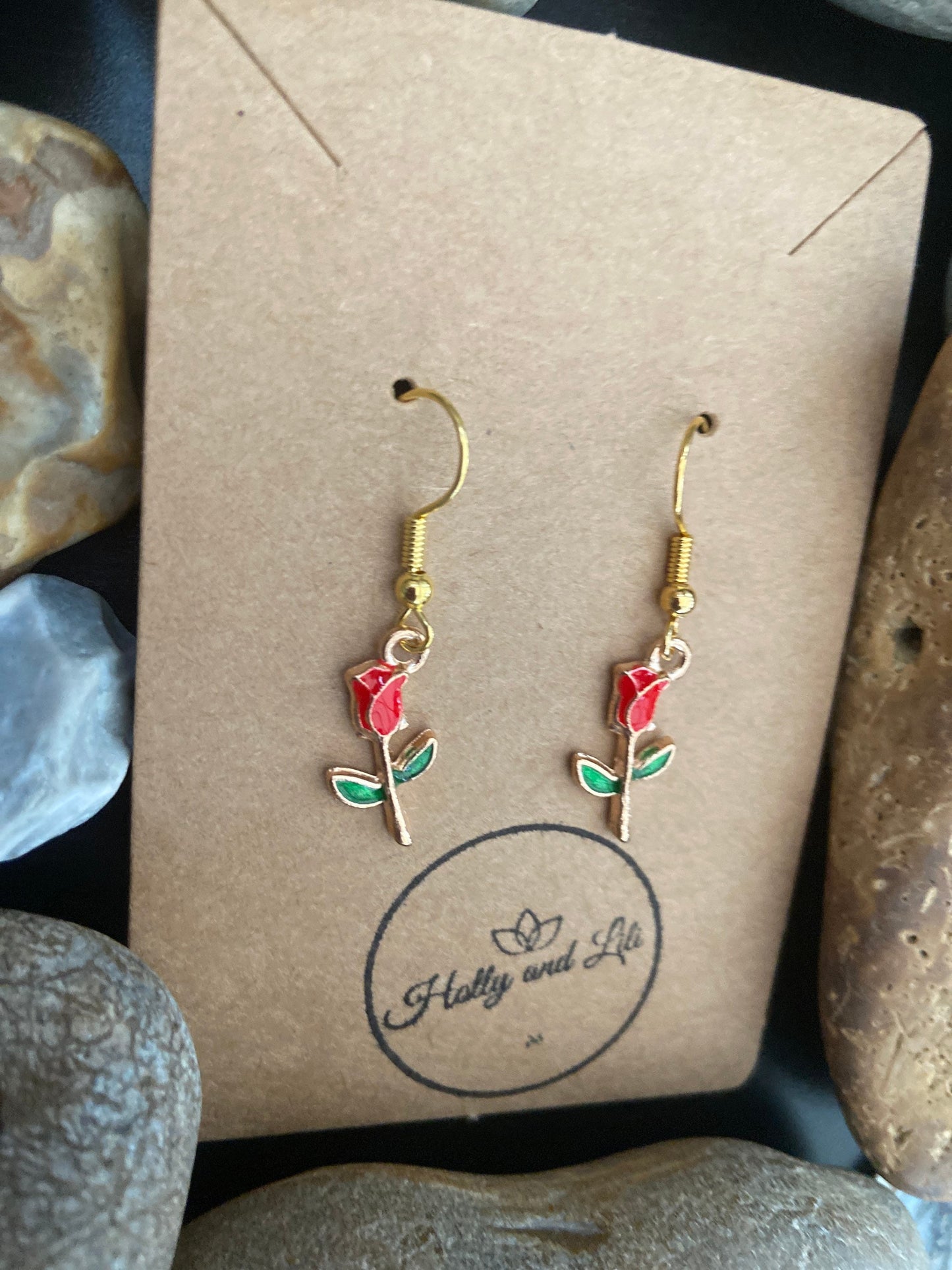 Rose Novelty Earrings, Personalised Red Roses Earrings, Roses For Her Earrings, Red Rose Earrings, Gold Red Roses, Red Roses Earrings, Rose