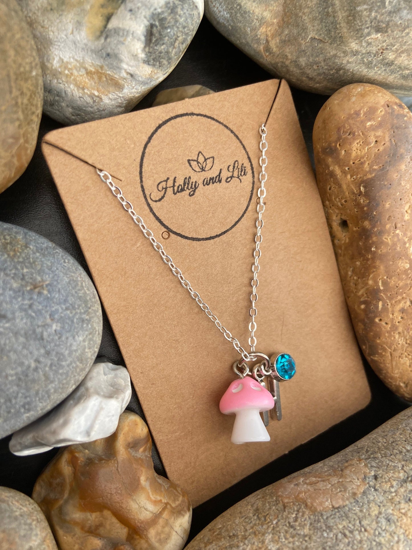 Mushroom Mini Pink Personalised Pendant Charm Necklace, Alphabet Initials, Birthstone Charm, Shroom, Mushy, Toadstool, Gift For Daughter