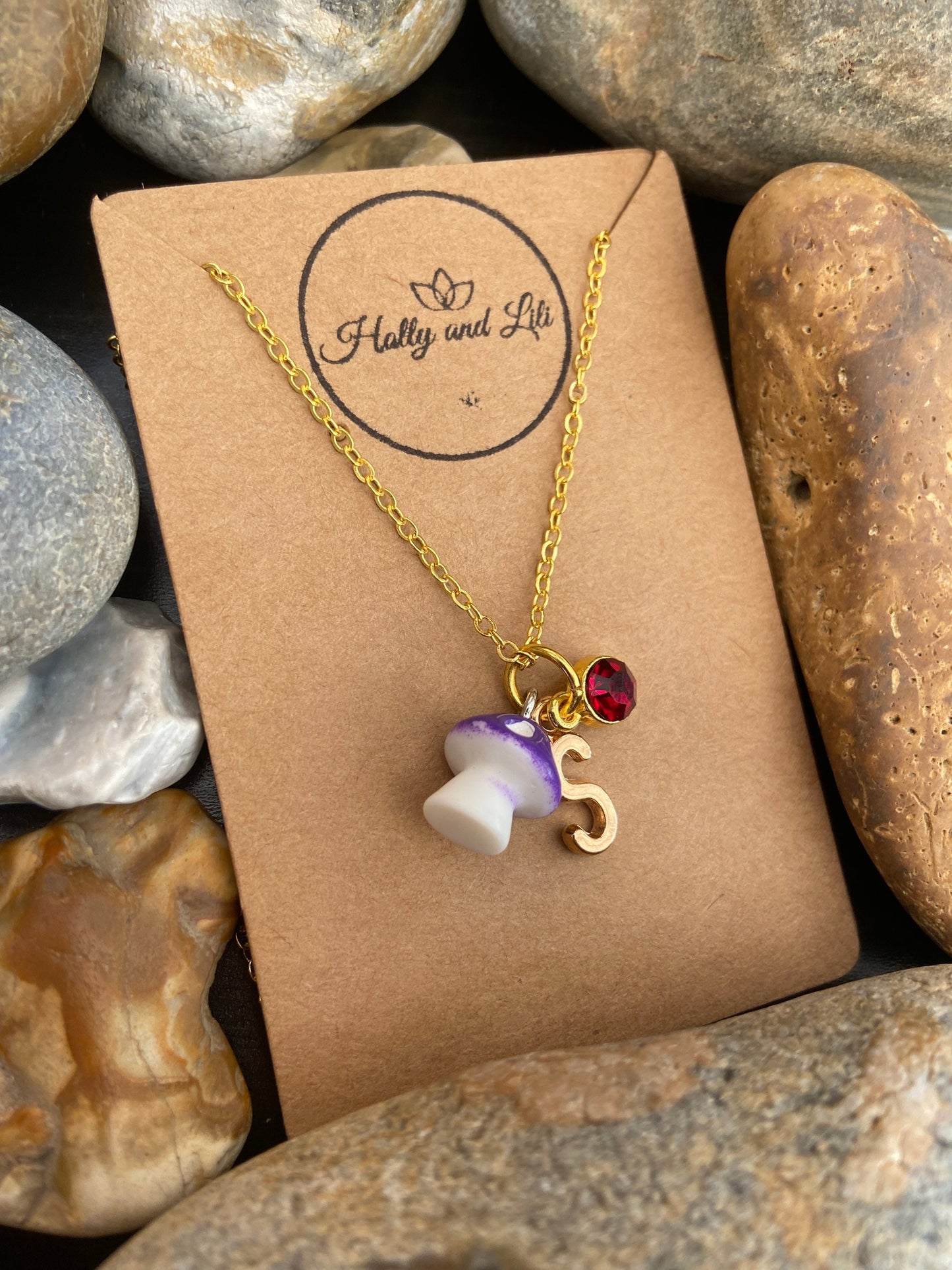 Mushroom Mini Purple Personalised Pendant Charm Necklace,  Alphabet Initials, Birthstone Charm, Toadstool, Mushy, Shroom, Cute Gift For Her