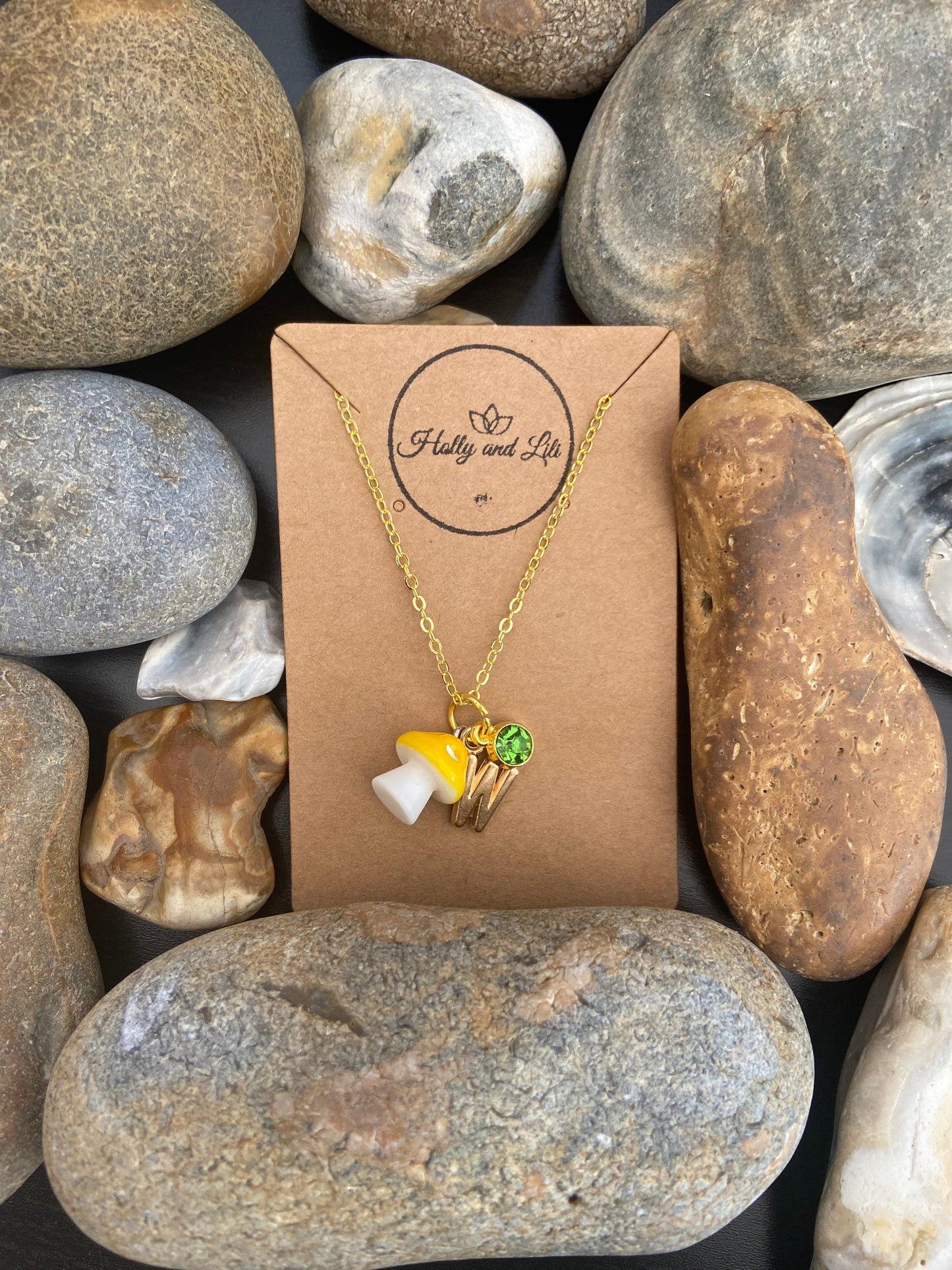 Mushroom Mini Yellow Personalised Pendant Charm Necklace,  Alphabet Initials, Birthstone Charm, First Necklace, Gift For Her, Toadstool Gift