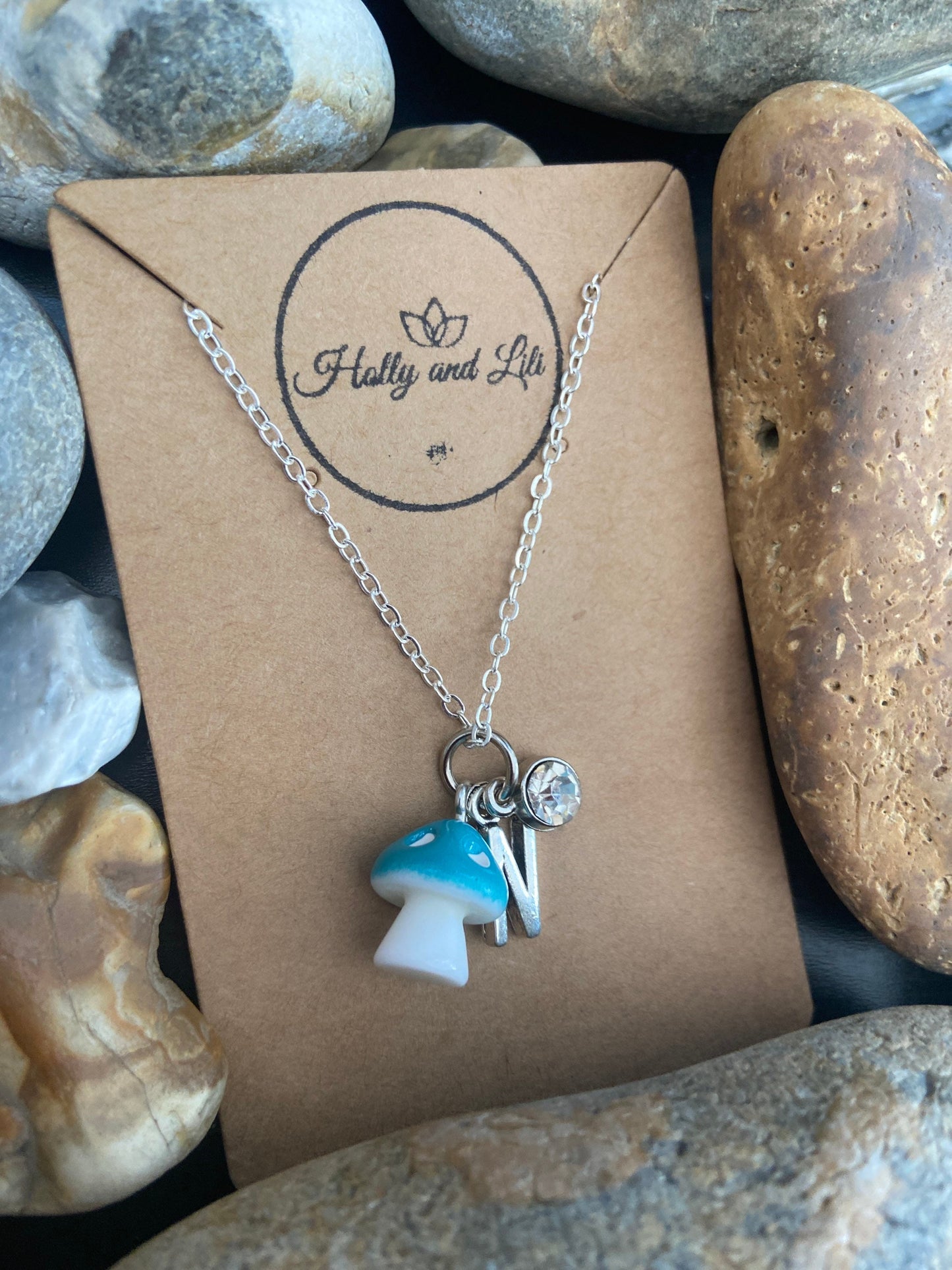 Mushroom in Blue Personalised Pendant Charm Necklace, Alphabet Initials, Birthstone Charm, Fist Necklace, Toadstool, Shroom, Mushy Cute Gift