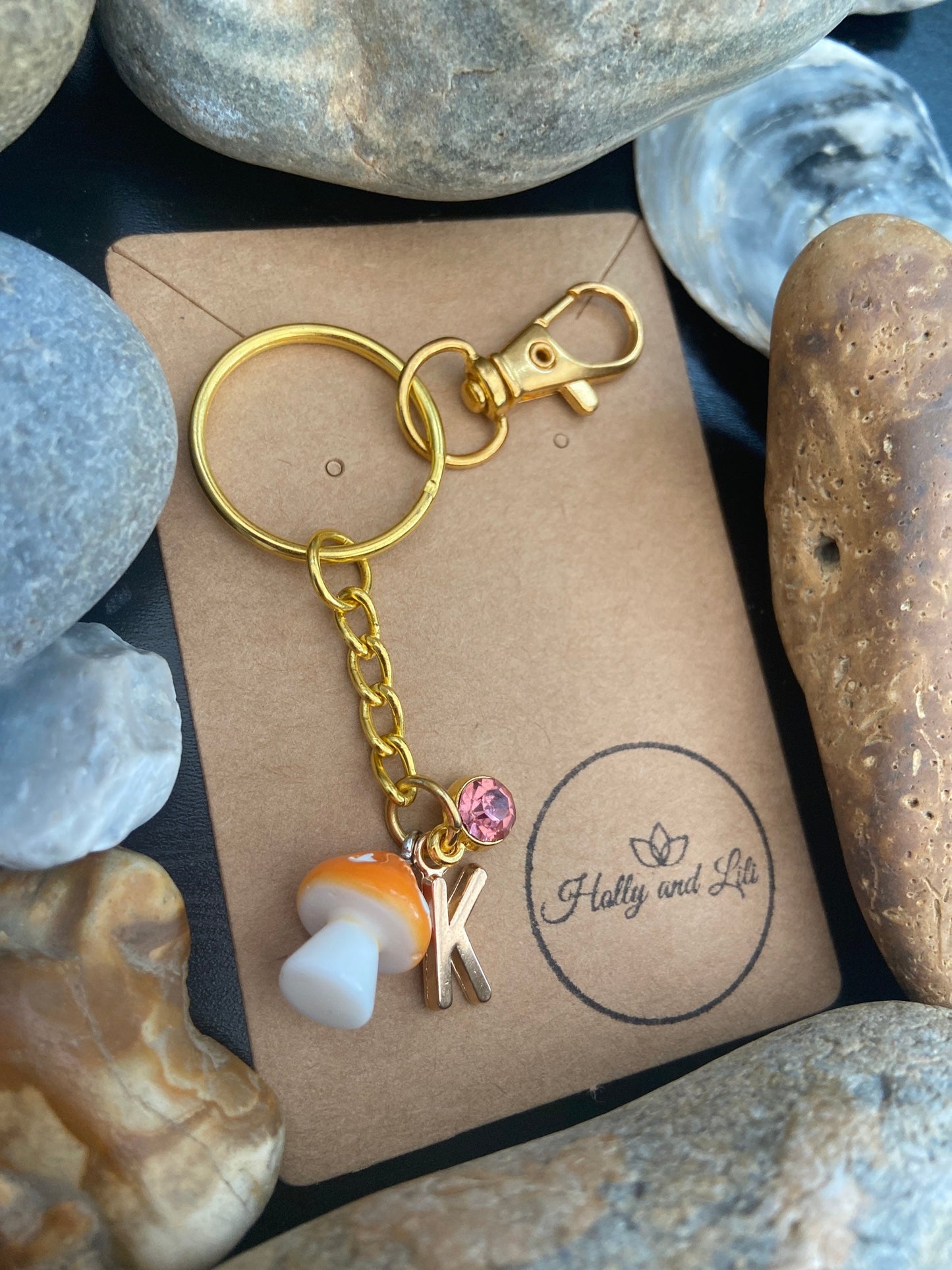 Mushroom Orange charm Personalised keychain, Mini Mushroom Keyring, Alphabetical Initial, Birthstone Charms, Shroom, Toadstool Zipper Chain