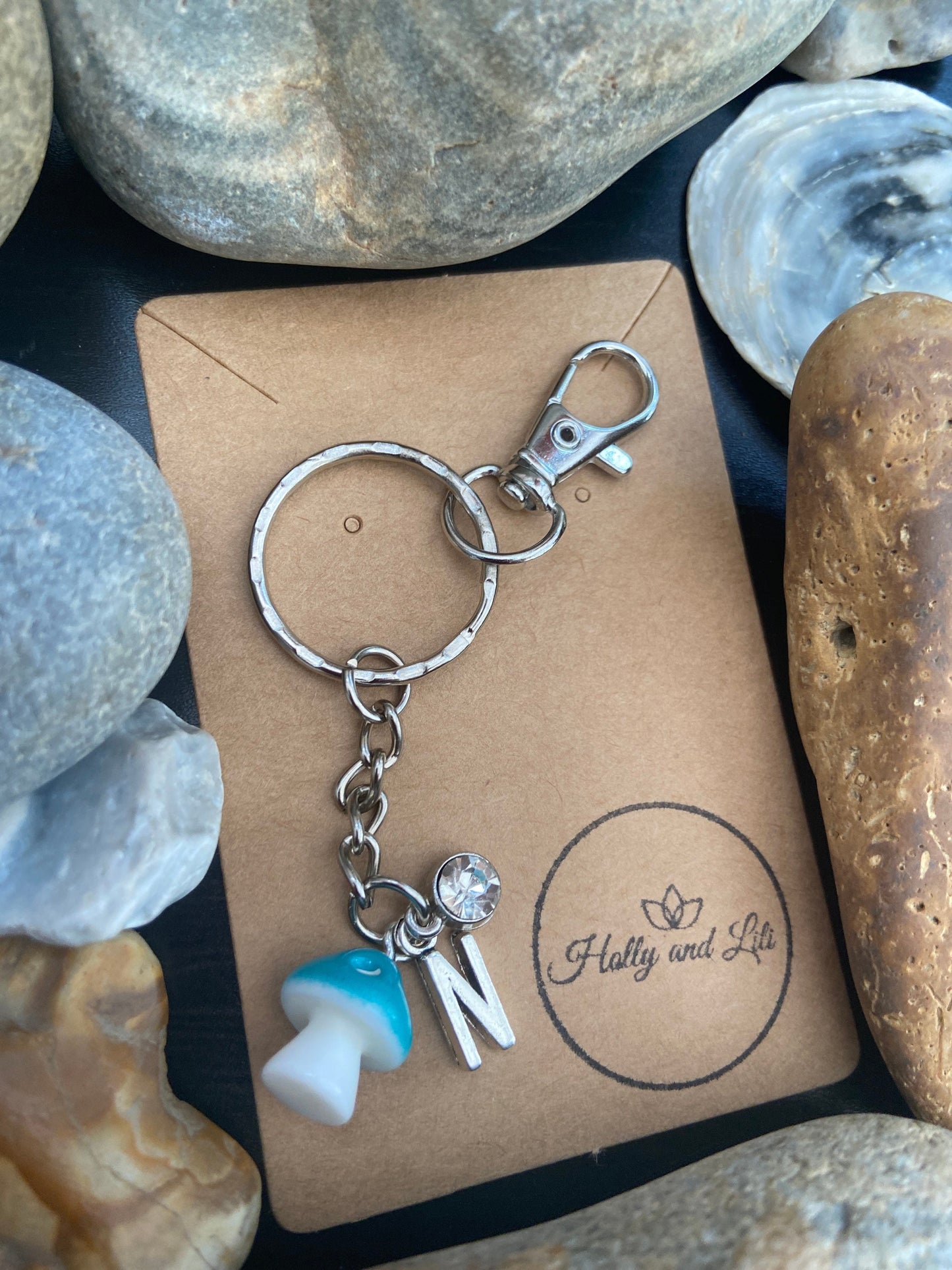 Mushroom Blue charm Personalised keychain, Mini Mushroom Keyring, Alphabetical Initial, Birthstone Charms, Zipper Chain, Toadstool Keyrings