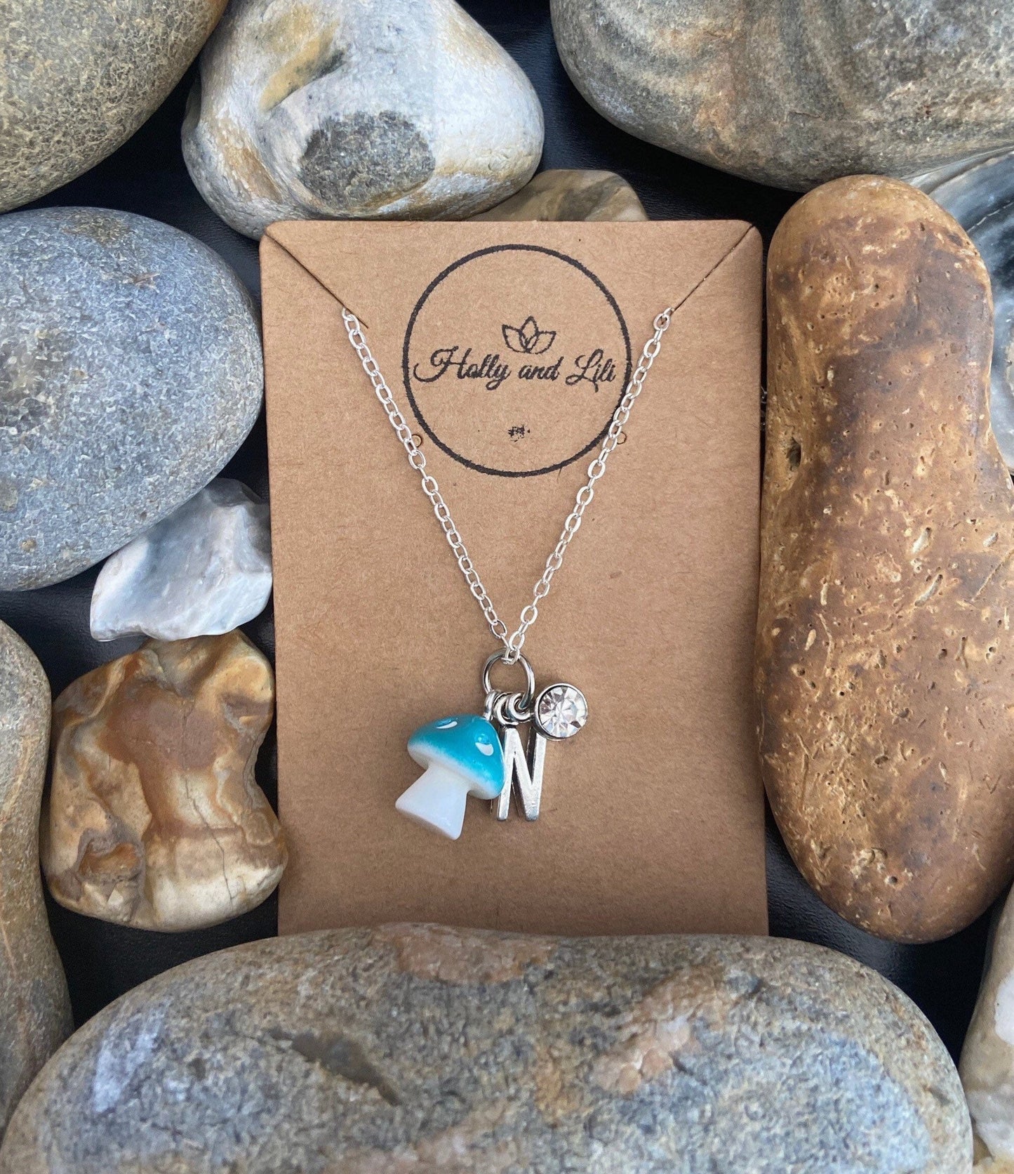 Mushroom in Blue Personalised Pendant Charm Necklace, Alphabet Initials, Birthstone Charm, Fist Necklace, Toadstool, Shroom, Mushy Cute Gift