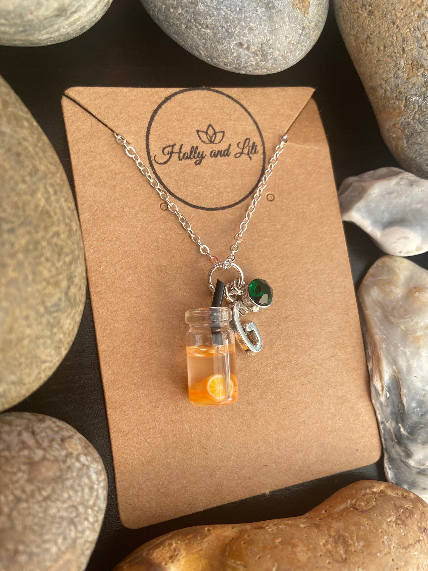 Orange Fruit Water Personalised Pendant Charm Necklace, Alphabet Initials, Birthstone Charm, First Necklace, Gift for daughter, Unique Gifts