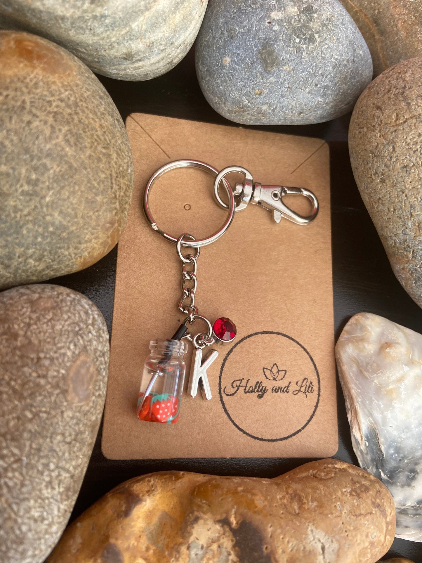 Strawberry Fruit Water, Boba Personalised Keychain, Novelty Keyring, Fruits Keyrings, Initial Keychain, Alphabet Initials, Birthstone Charm