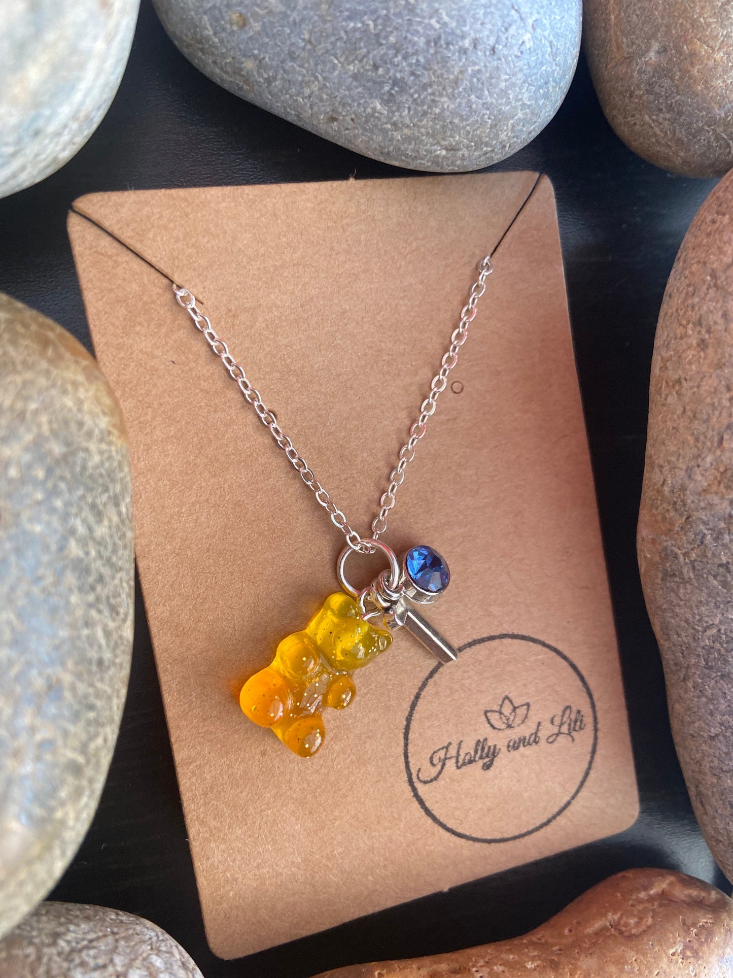 Gummy Bear Yellow-Orange Style Personalised Pendant Charm Necklace, Alphabet Initials, Birthstone Charm, First Necklace , For Her, Cute Gift