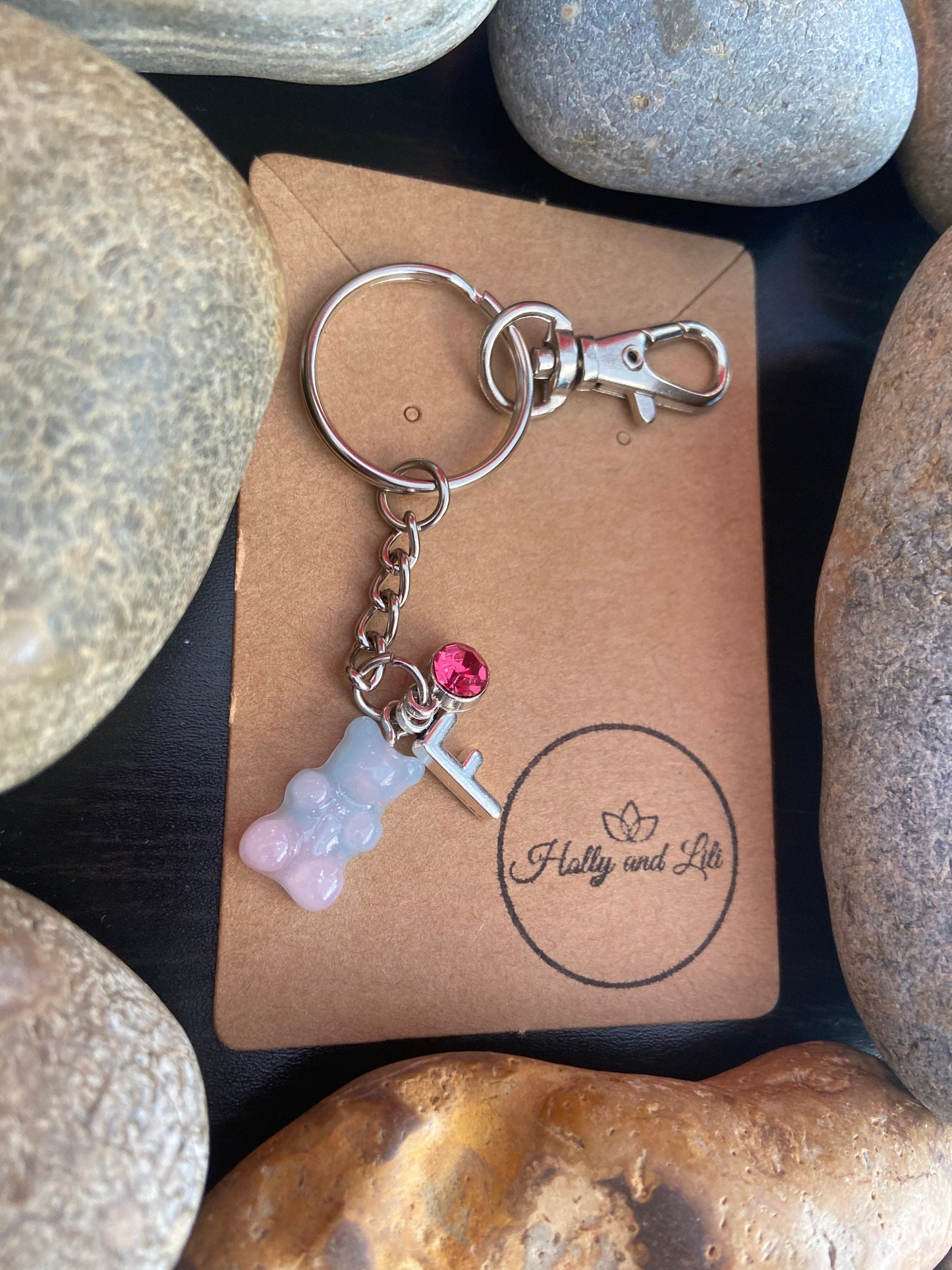 Gummy Bear Blue Pink Style Personalised Keychain, Teddy Keyring, Alphabet Initials, Birthstone Charm, Novelty Zipper Chain, Initial Keyring