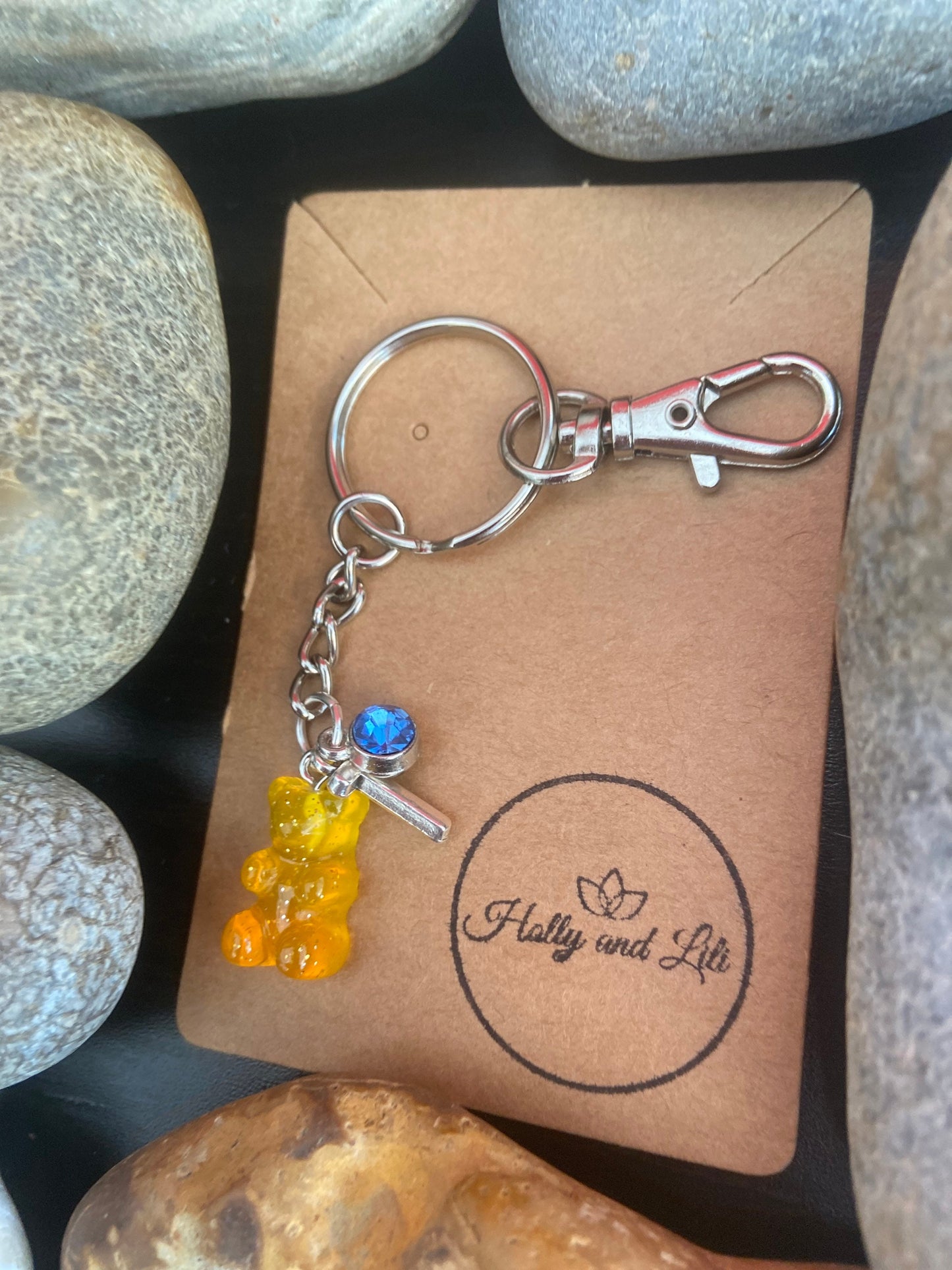 Gummy Bear Yellow Orange Style Personalised Keychain, Teddy Bear Keyring, Alphabet Initials, Birthstone Charm, Novelty Gummy Bear Cute Gifts