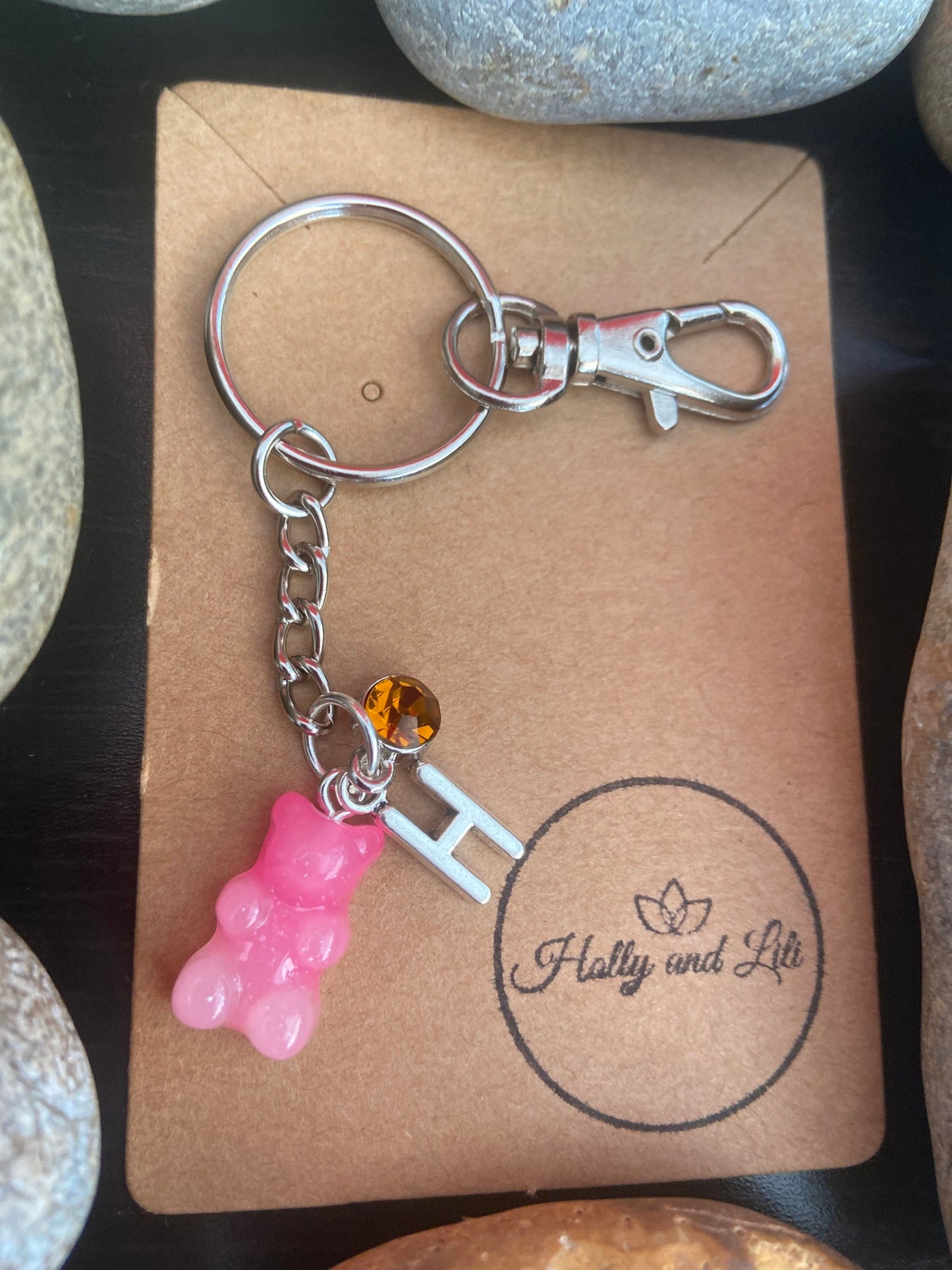 Gummy Bear Pink-White Style Personalised Keychain, Teddy Bear Keyring, Alphabet Initials,  Birthstone Charm, Novelty Keyring, Gift For Her