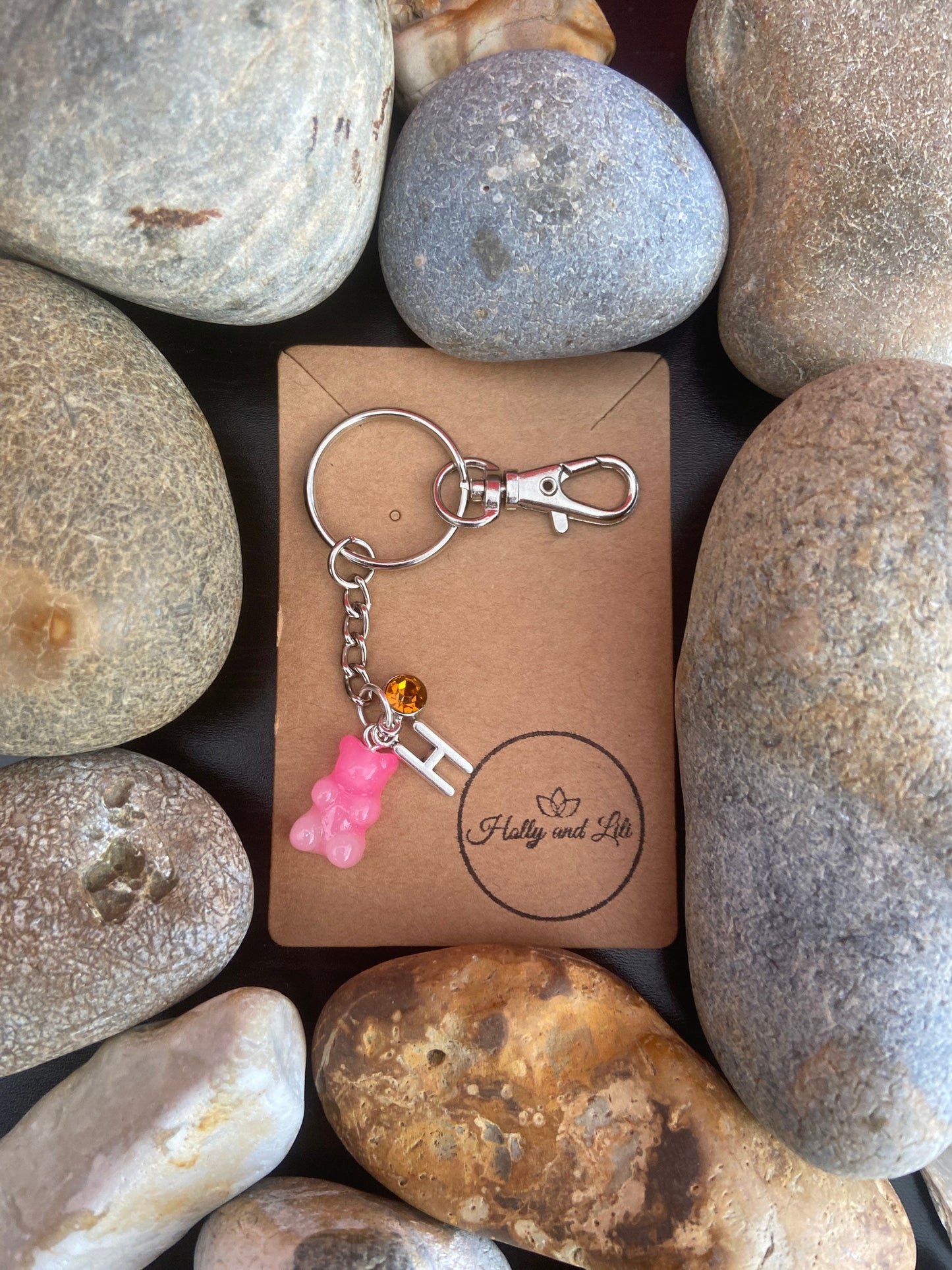 Gummy Bear Pink-White Style Personalised Keychain, Teddy Bear Keyring, Alphabet Initials,  Birthstone Charm, Novelty Keyring, Gift For Her