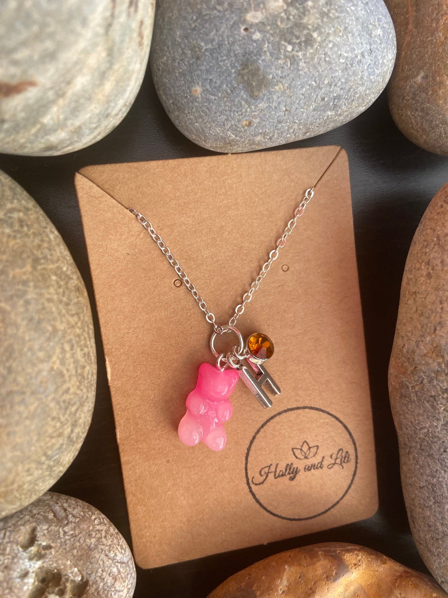 Gummy Bear Pink-White, Personalised Pendant Charm Necklace, Alphabet Initials, Birthstone Charm, First Necklace, Cute, Cuddly Unique Gifts