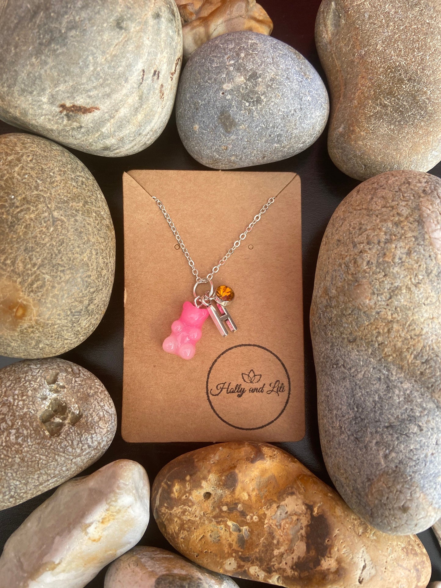 Gummy Bear Pink-White, Personalised Pendant Charm Necklace, Alphabet Initials, Birthstone Charm, First Necklace, Cute, Cuddly Unique Gifts