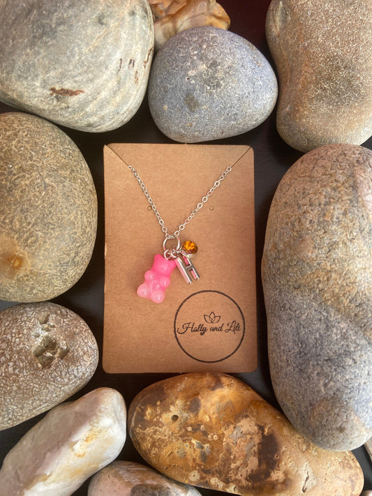 Gummy Bear Pink-White, Personalised Pendant Charm Necklace, Alphabet Initials, Birthstone Charm, First Necklace, Cute, Cuddly Unique Gifts