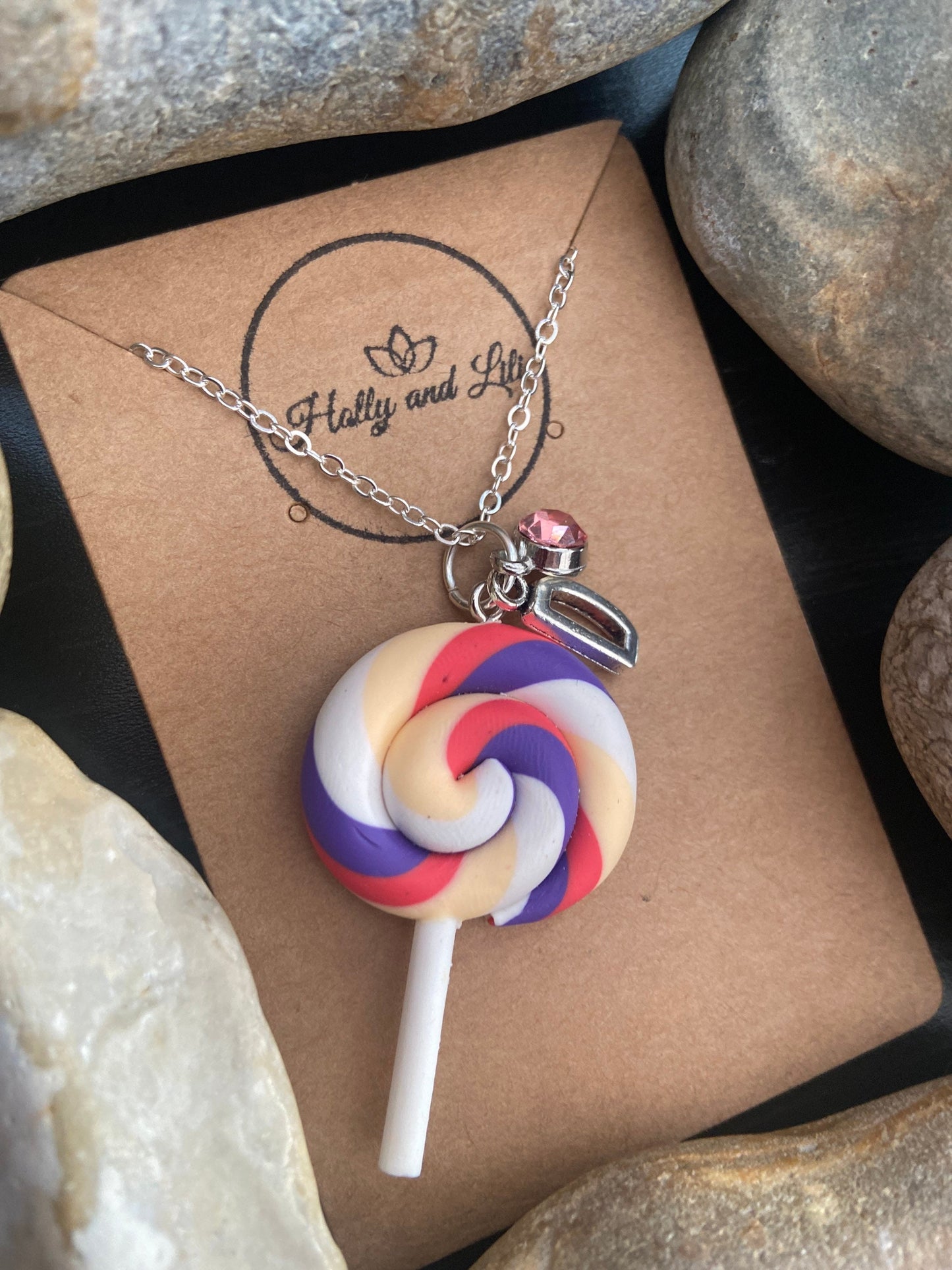 Lollipop Purple Multi, Personalised Pendant Charm Necklace, Alphabet Initials, Birthstone Charm, First Necklace, Lollies, Sweeties, For Her