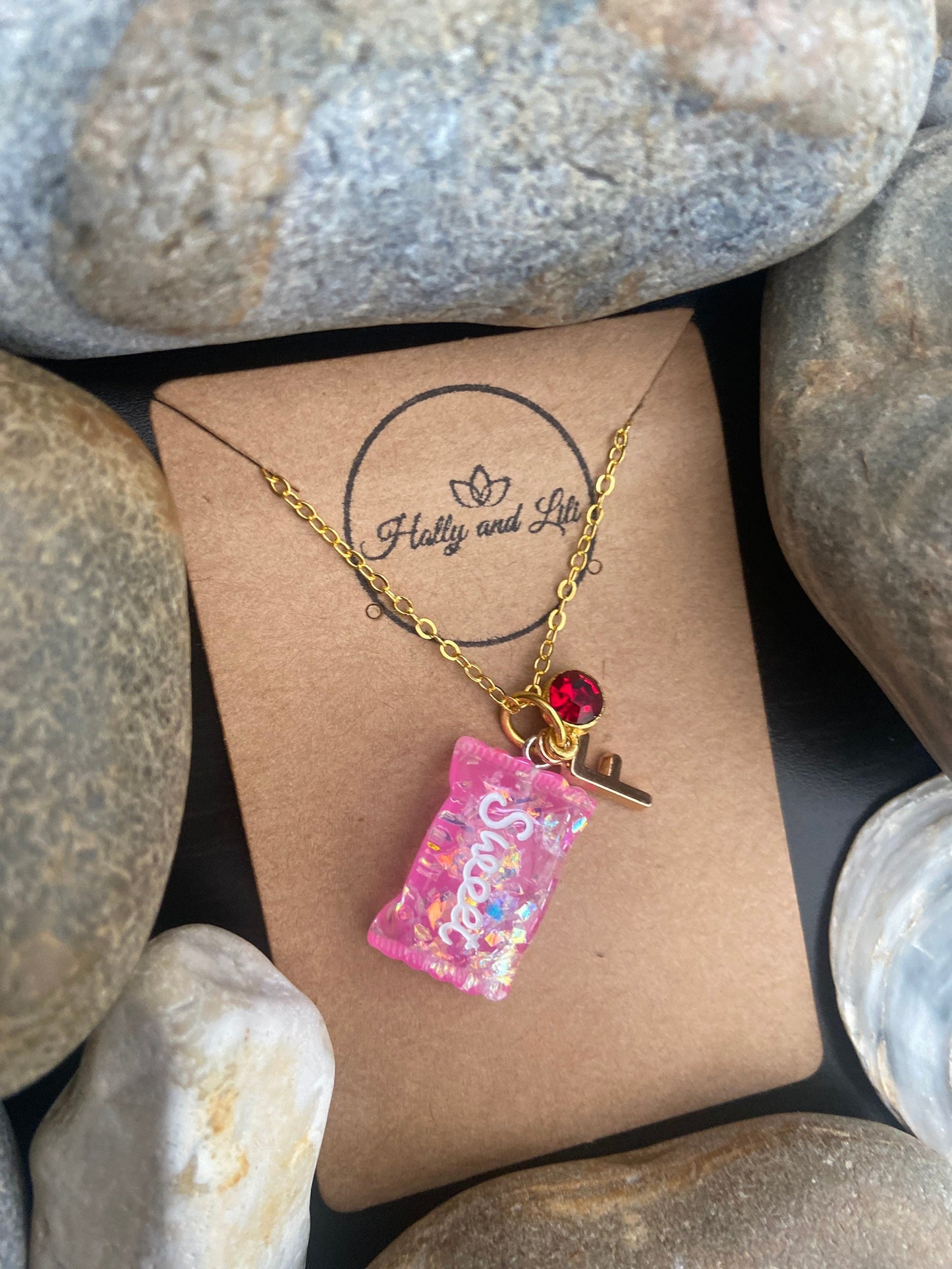 Sweets Dark Pink, Personalised Pendant Charm Necklace, Personalised Alphabet Initials, Birthstone Charms, First Necklace, Unique Cute Gifts