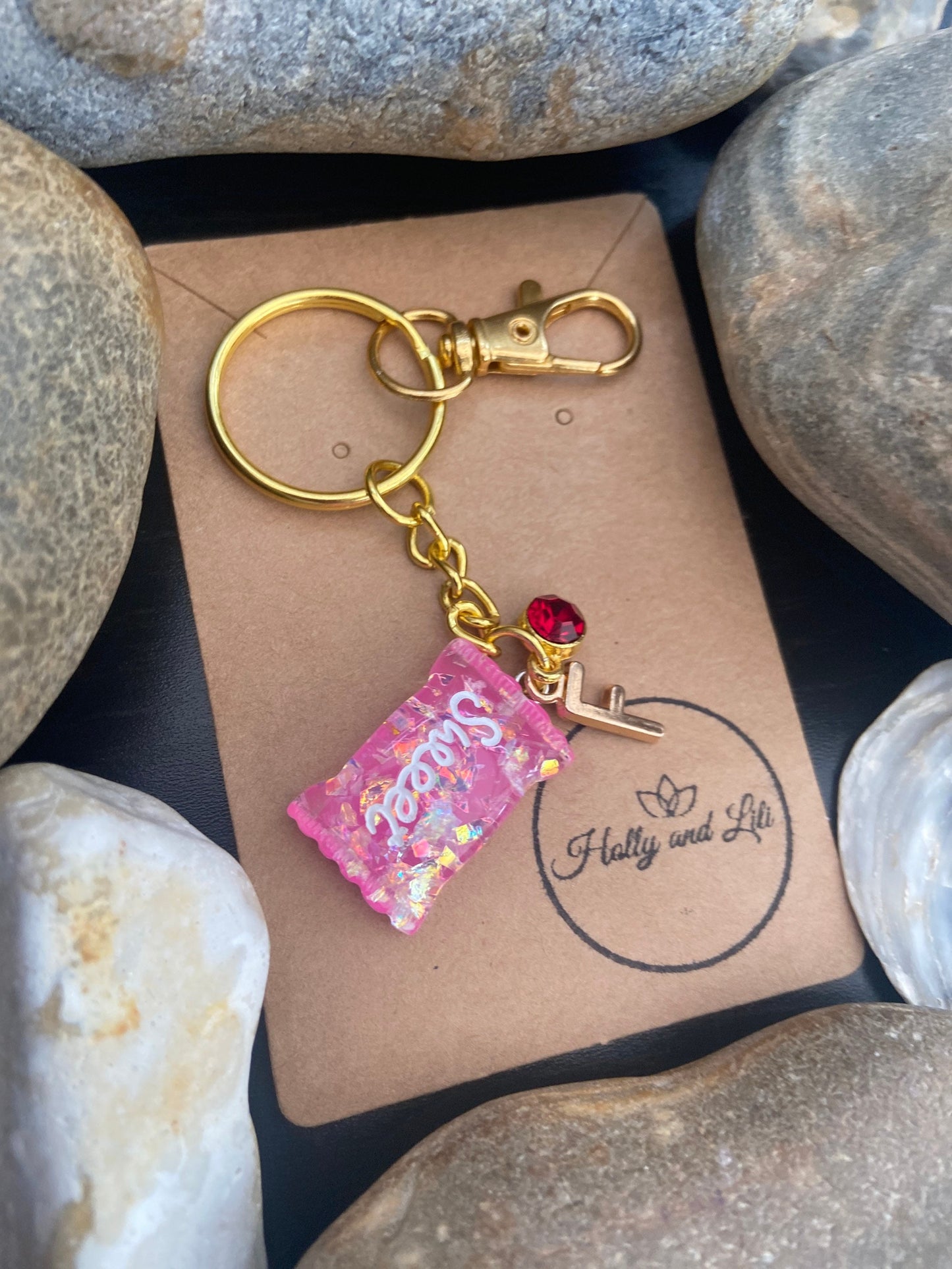 Sweet Style Dark Pink Personalised Keychain, Candy Keyring, Alphabet Initials, Sweetie Birthstone, Lolly Gifts, Candies Zipper chain, Bff