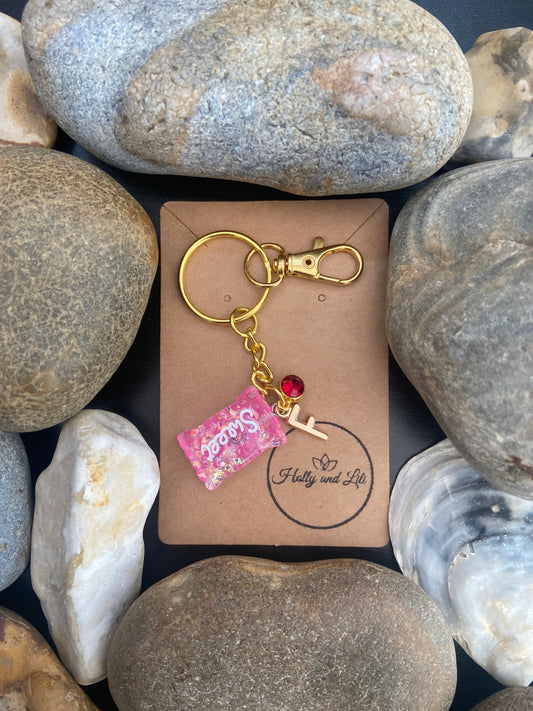 Sweet Style Dark Pink Personalised Keychain, Candy Keyring, Alphabet Initials, Sweetie Birthstone, Lolly Gifts, Candies Zipper chain, Bff