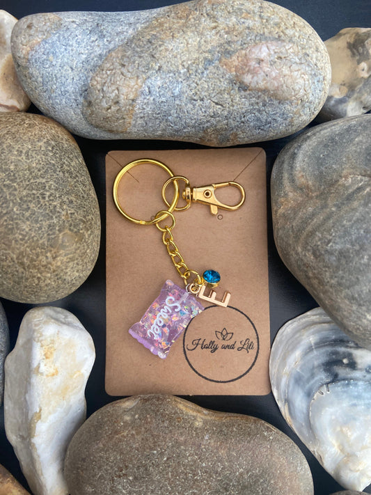 Candy Style Purple Personalised Keychain, Sweet Keyring, Sweetie Alphabet Initials, Zipper Birthstone Charm, Sweets Gift For BFF, Cute Gift