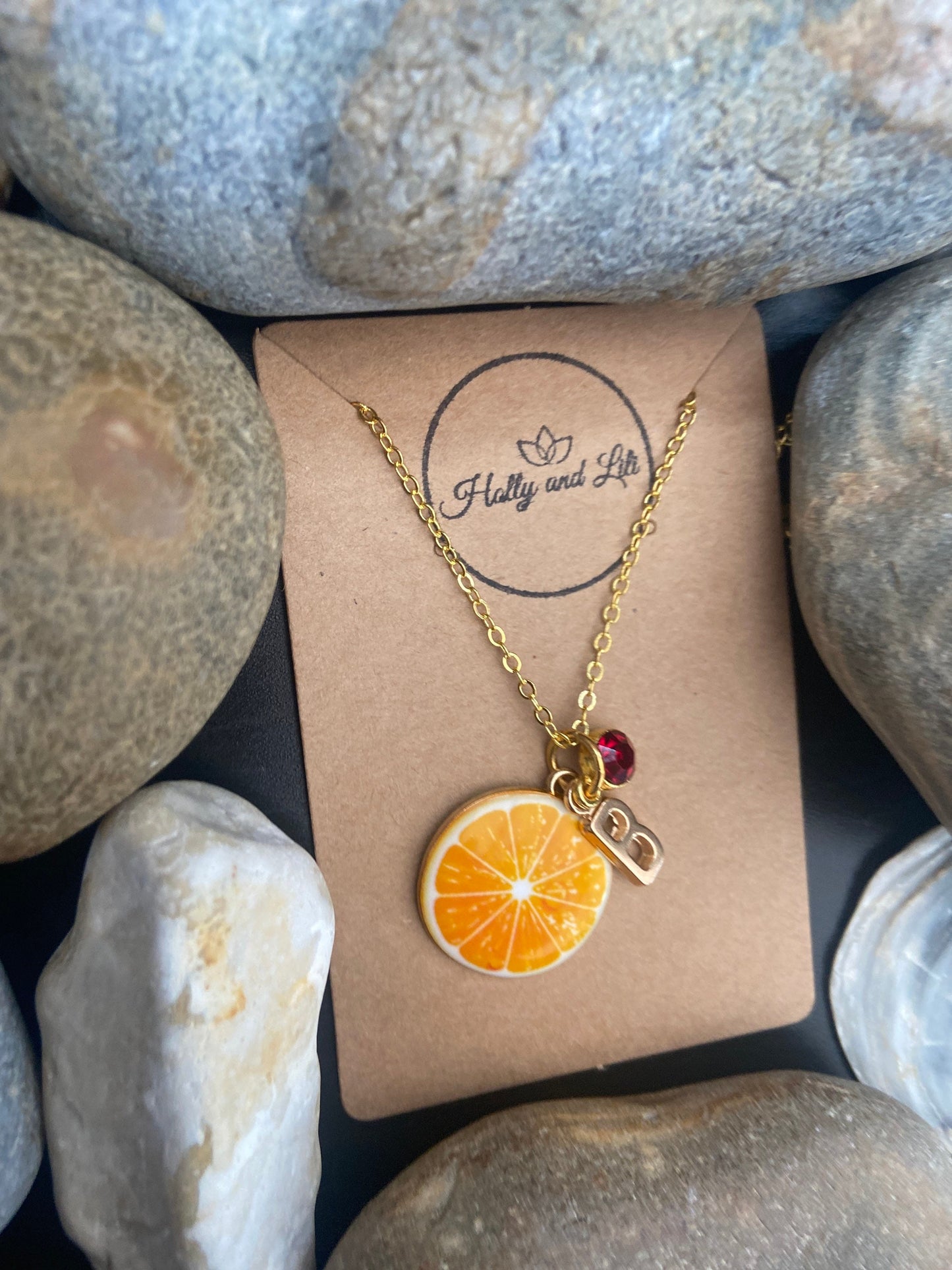 Orange Fruit Slice, Personalised Pendant Charm Necklace, Alphabet Initials, Birthstone Charms, First Necklace, Gift for Daughter, Cute Gifts