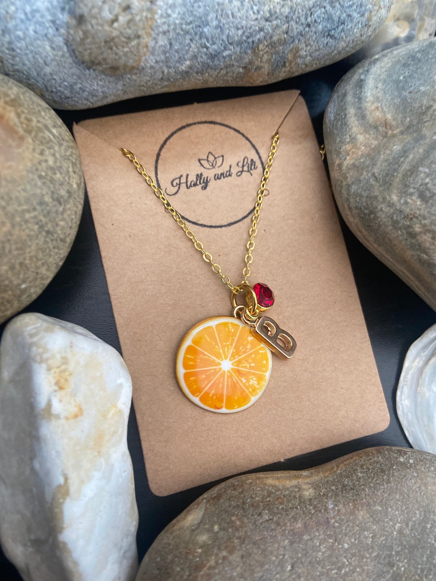 Orange Fruit Slice, Personalised Pendant Charm Necklace, Alphabet Initials, Birthstone Charms, First Necklace, Gift for Daughter, Cute Gifts