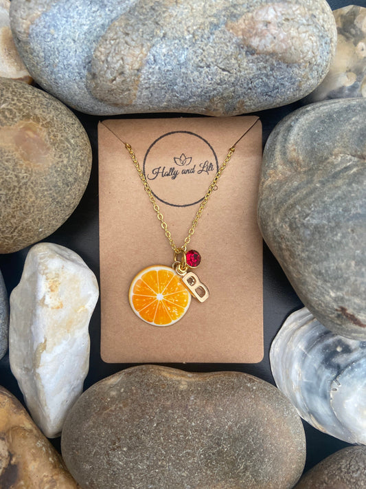 Orange Fruit Slice, Personalised Pendant Charm Necklace, Alphabet Initials, Birthstone Charms, First Necklace, Gift for Daughter, Cute Gifts