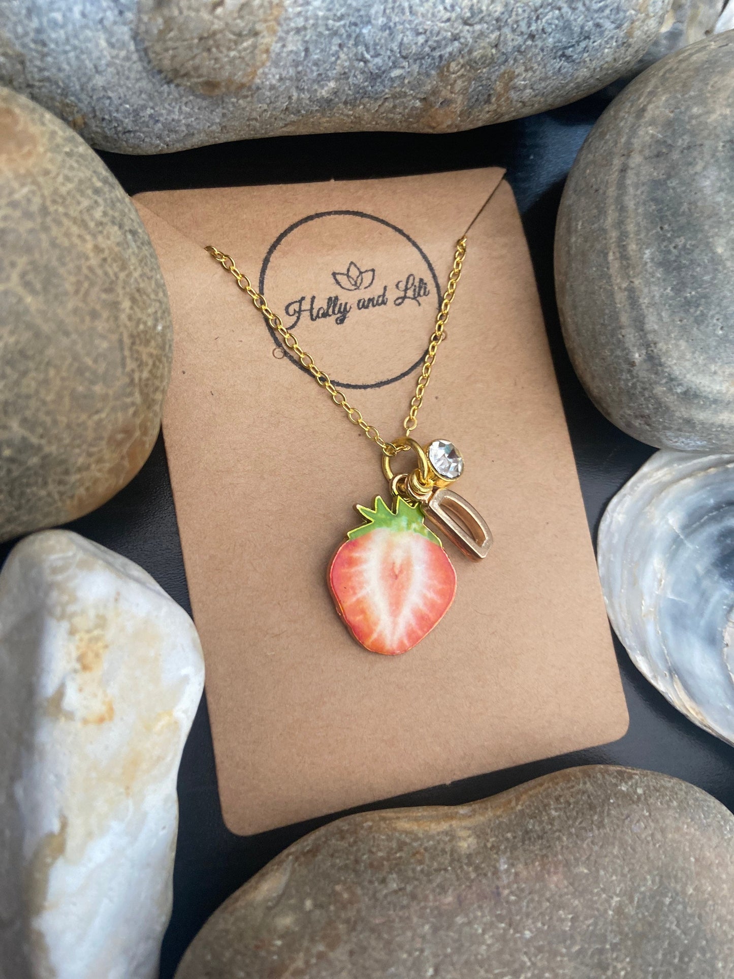 Strawberry Fruit Slice, Personalised Pendant Charm Necklace,  Alphabet Initials, Birthstone Charms, First Necklace, Unique Gift For Daughter