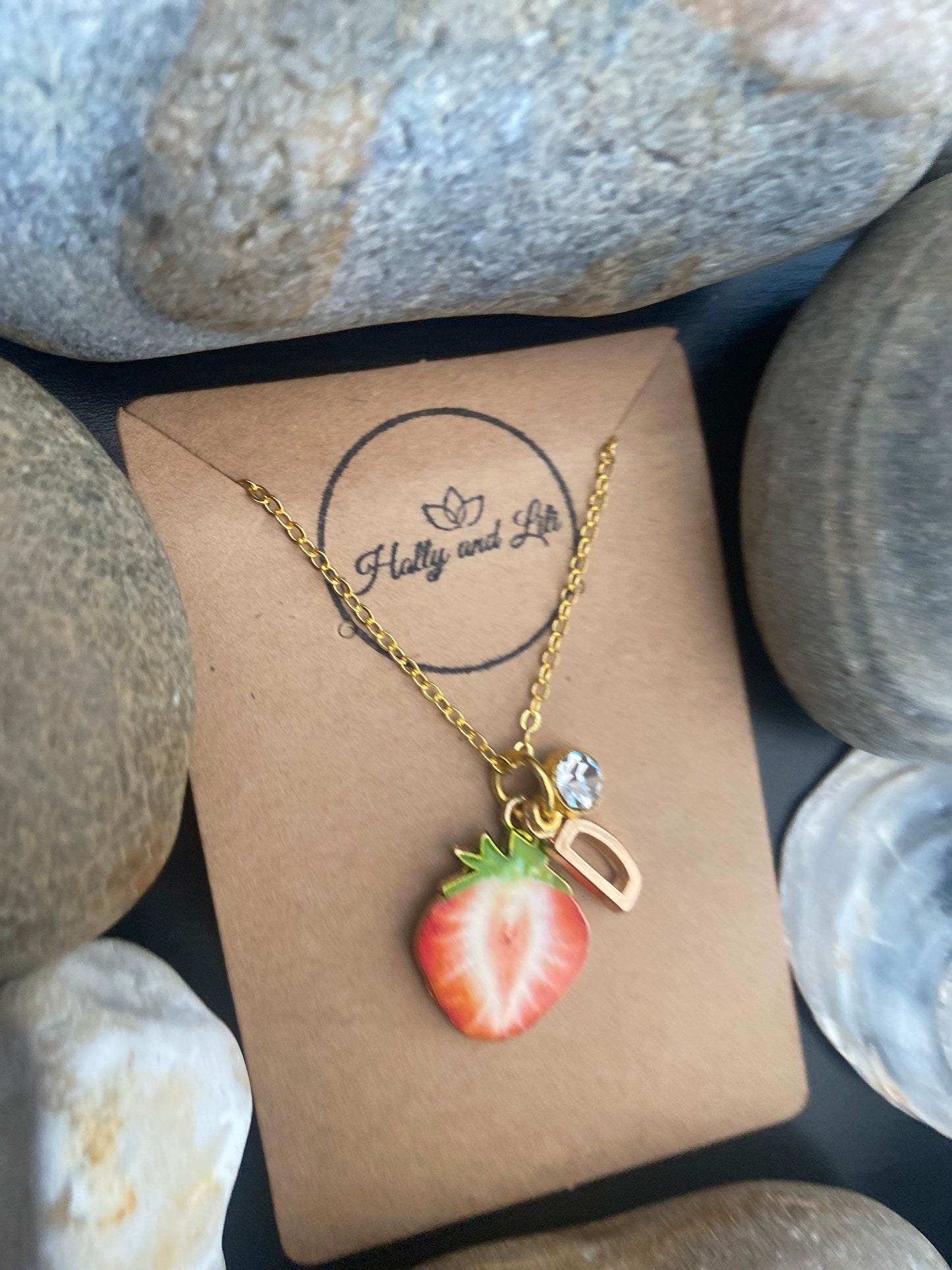 Strawberry Fruit Slice, Personalised Pendant Charm Necklace,  Alphabet Initials, Birthstone Charms, First Necklace, Unique Gift For Daughter