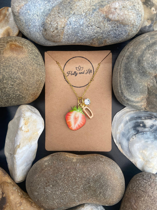 Strawberry Fruit Slice, Personalised Pendant Charm Necklace,  Alphabet Initials, Birthstone Charms, First Necklace, Unique Gift For Daughter