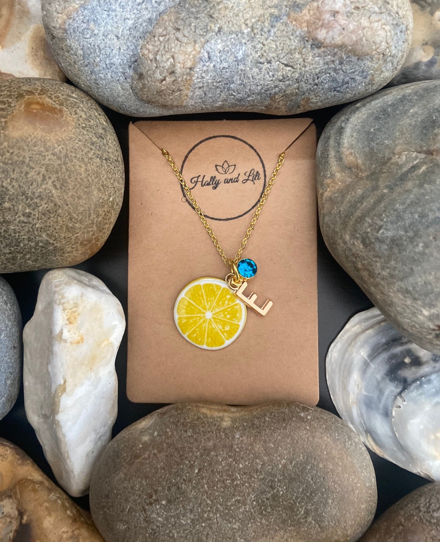 Lemon Fruit Slice, Personalised Pendant Charm Necklace, Alphabet Initials, Birthstone Charm, First Necklace, Cute Unique Gifts and Presents