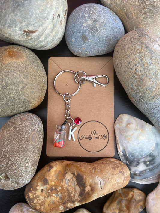 Strawberry Fruit Water, Boba Personalised Keychain, Novelty Keyring, Fruits Keyrings, Initial Keychain, Alphabet Initials, Birthstone Charm