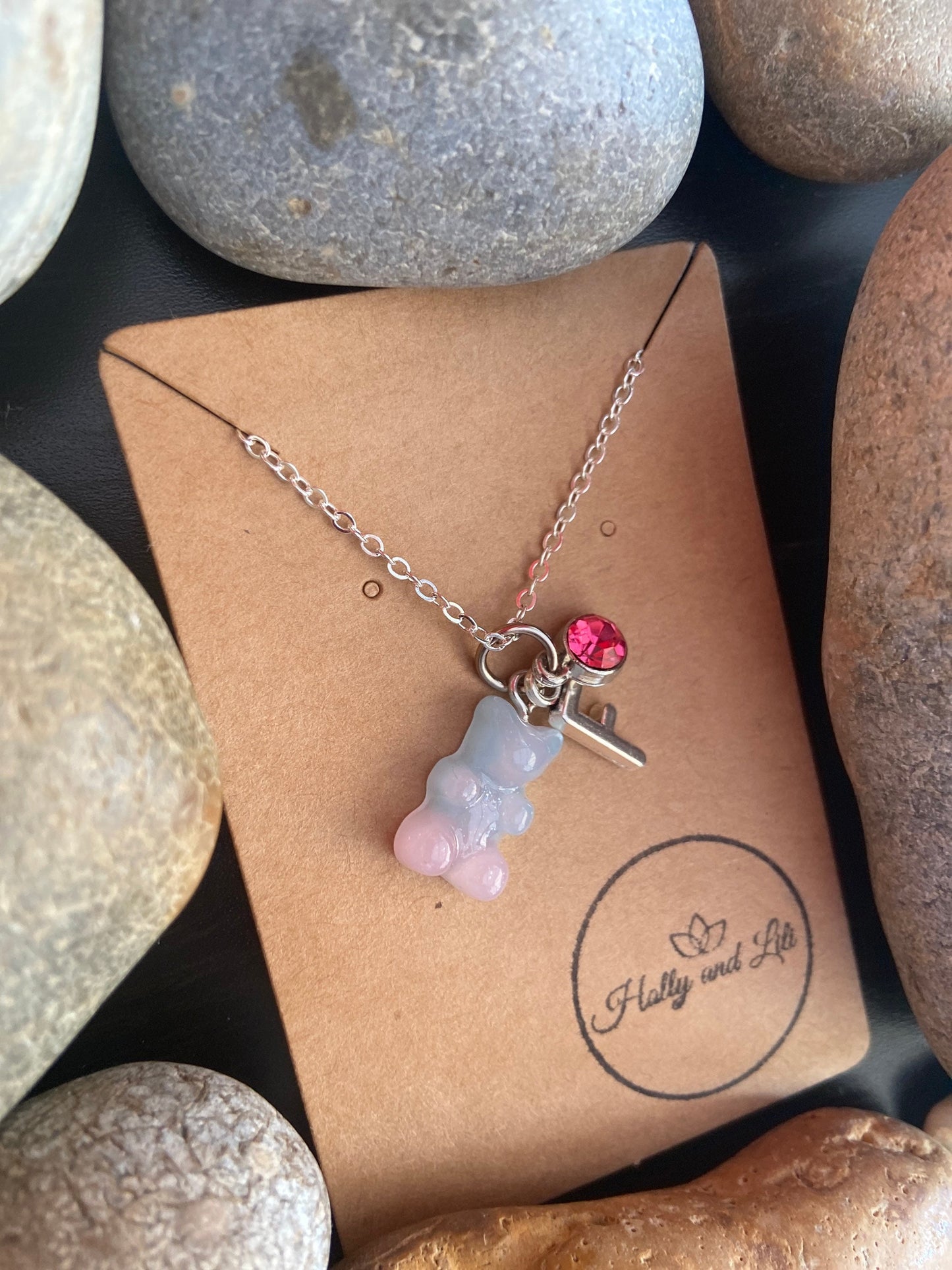 Gummy Bear Blue-Pink Style Personalised Pendant Charm Necklace - Personalise Your Alphabet Initials & Birthstone Charm From Holly And Lili