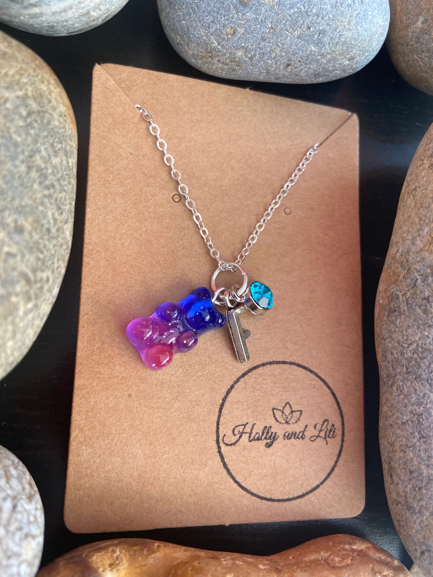 Gummy Bear Blue-Pink,  Personalised Pendant Charm Necklace, Alphabet Initials, Birthstone Charm, First Necklace, Cute Unique Gifts, Daughter