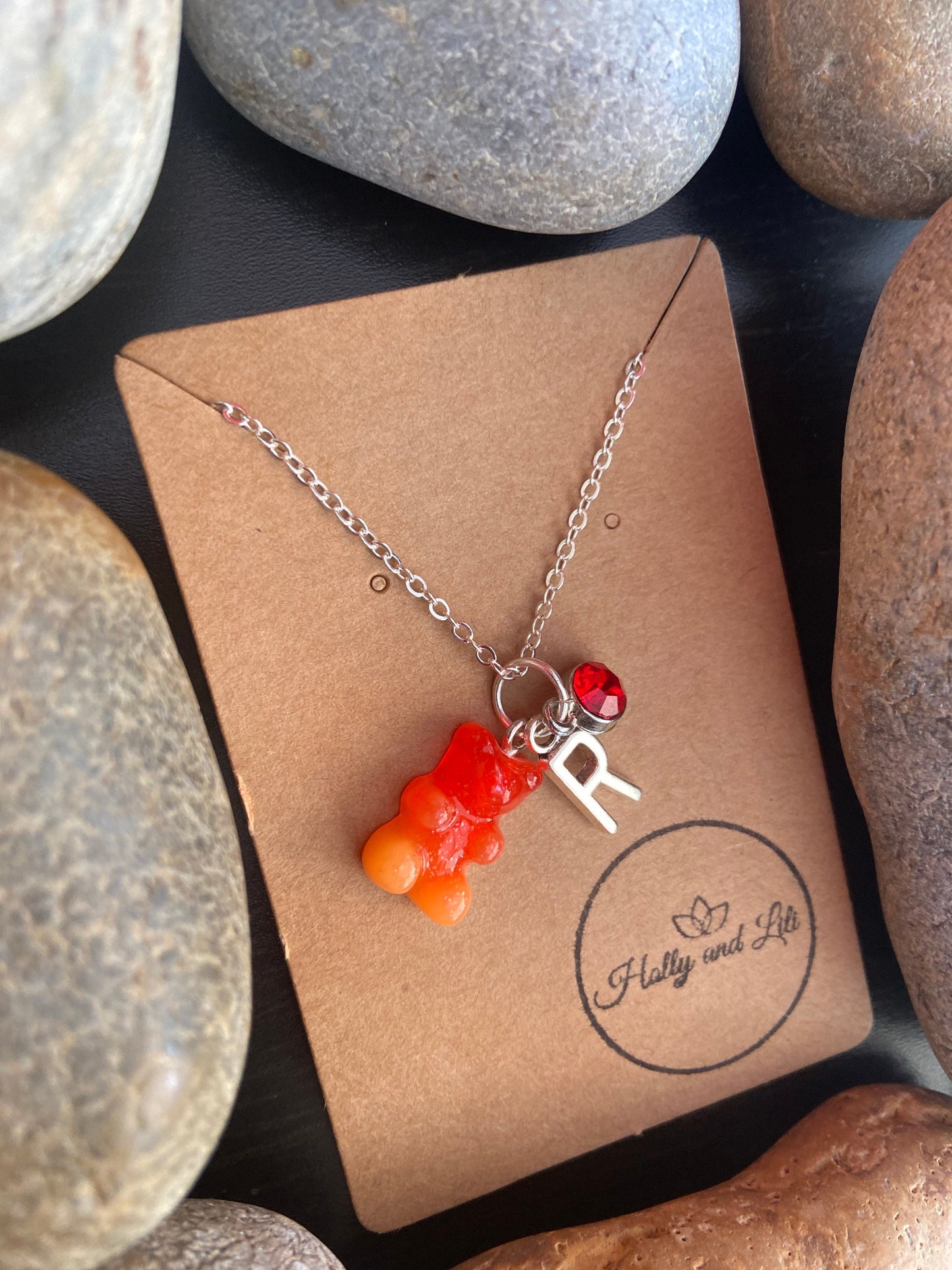 Gummy Bear, Red-Orange Style, Personalised Pendant Charm Necklace, Alphabet Initials, Birthstone Charm, First Necklace, Cute Gift For Her