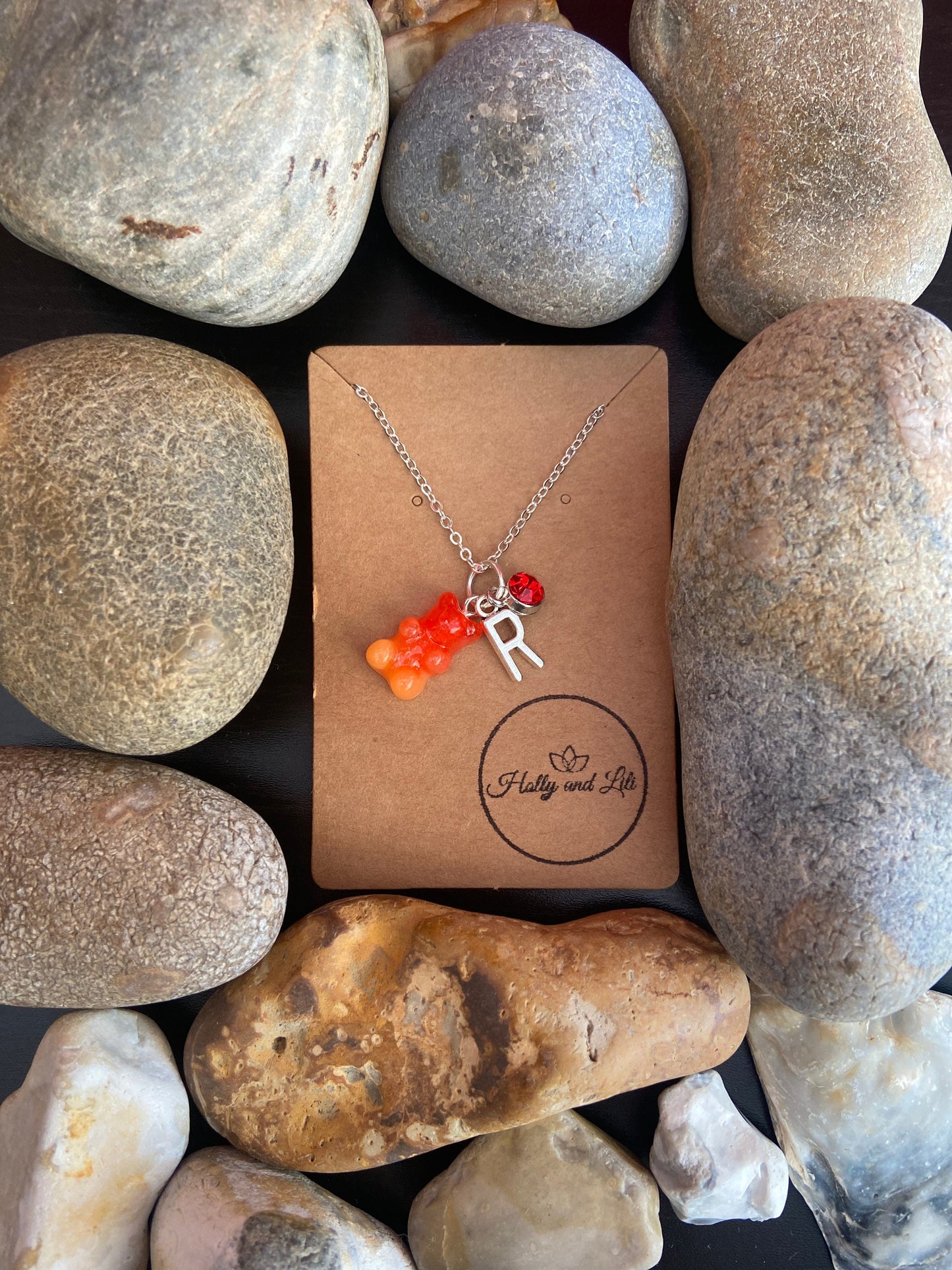 Gummy Bear, Red-Orange Style, Personalised Pendant Charm Necklace, Alphabet Initials, Birthstone Charm, First Necklace, Cute Gift For Her