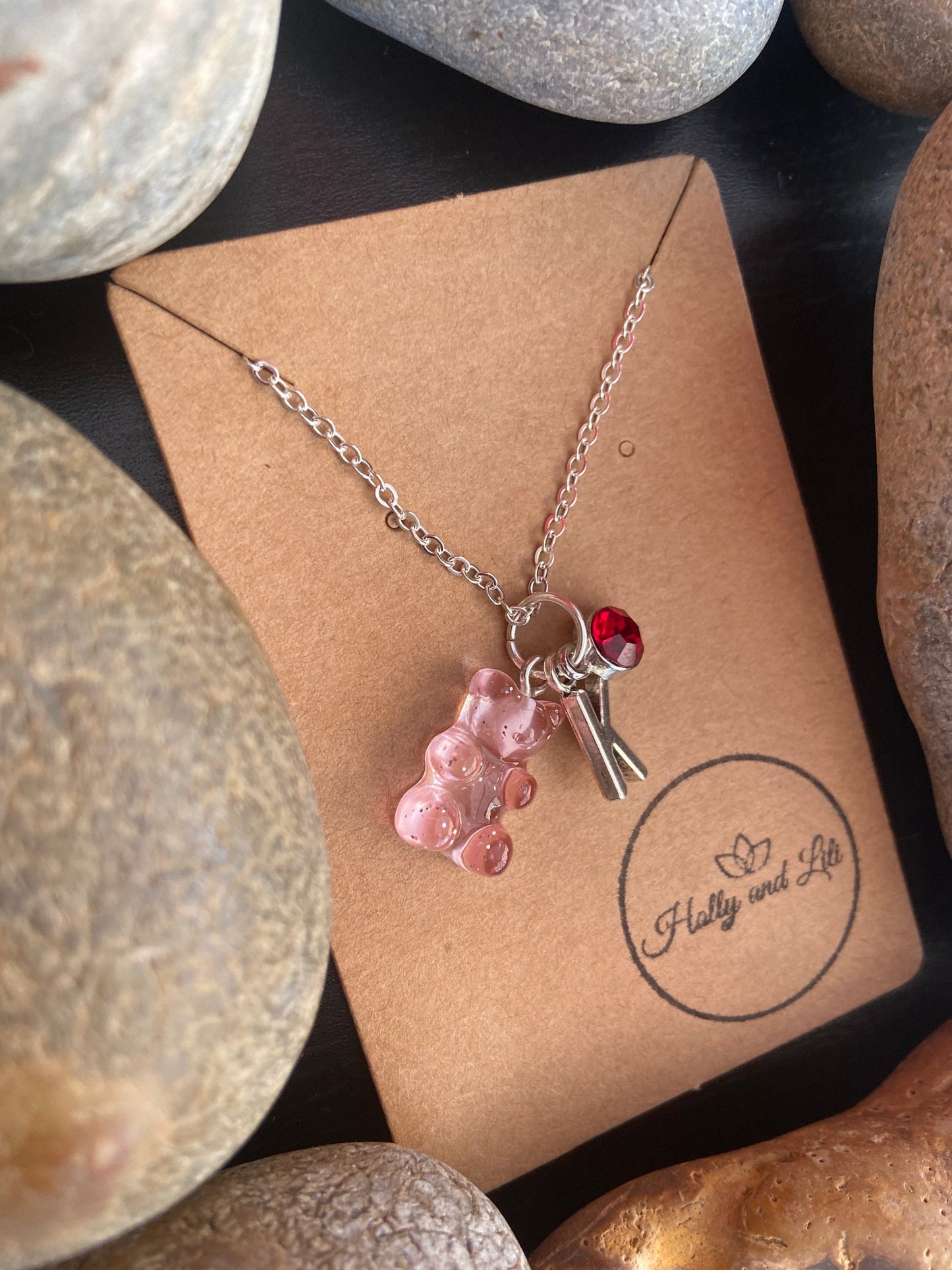 Gummy Bear Pink-Clear,Personalised Pendant Charm Necklace, Alphabet Initials, Birthstone Charm, First Necklace, Gift For daughter, Cute Gift