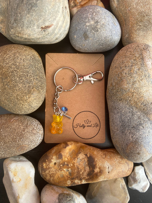 Gummy Bear Yellow Orange Style Personalised Keychain, Teddy Bear Keyring, Alphabet Initials, Birthstone Charm, Novelty Gummy Bear Cute Gifts