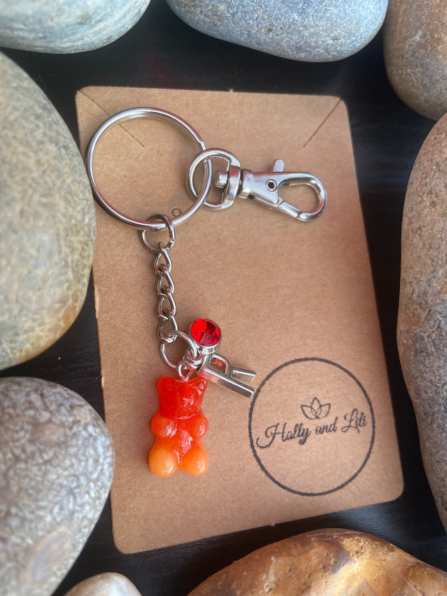 Gummy Bear Red-Orange Style Personalised Keychain, Novelty Keyring, Alphabet Initials, Birthstone Charm, Teddy Bear Cute Zipper Chain Gifts