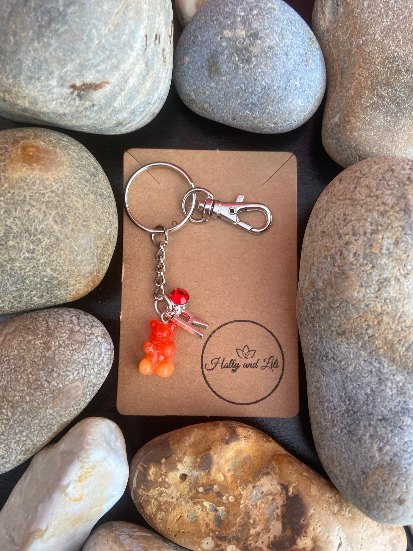 Gummy Bear Red-Orange Style Personalised Keychain, Novelty Keyring, Alphabet Initials, Birthstone Charm, Teddy Bear Cute Zipper Chain Gifts