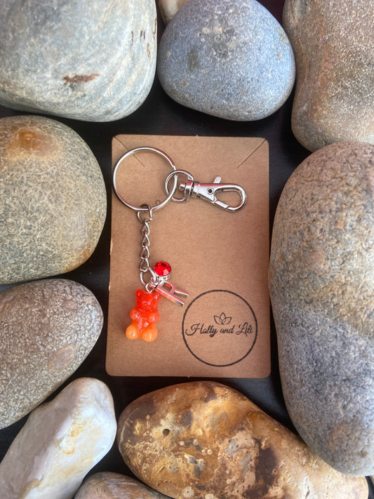 Gummy Bear Red-Orange Style Personalised Keychain, Novelty Keyring, Alphabet Initials, Birthstone Charm, Teddy Bear Cute Zipper Chain Gifts