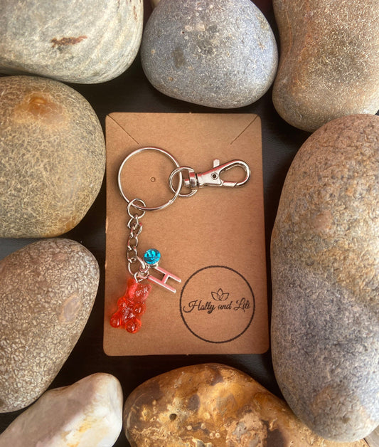 Gummy Bear Red-Clear Style Personalised Keychain, Novelty Keyring, Alphabet Initials, Birthstone Charm, Cute Teddy Bear Personalised Gifts