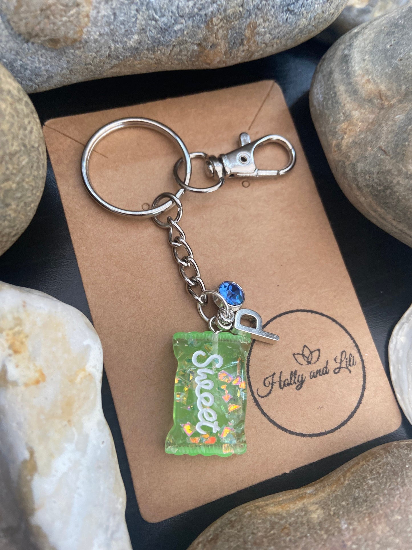 Sweet Candy Style Green Personalised Keychain, Sweetie Keyring, Alphabet Initials, Birthstone Charm,  Sweets Gift, First Keyring, Gift Bff