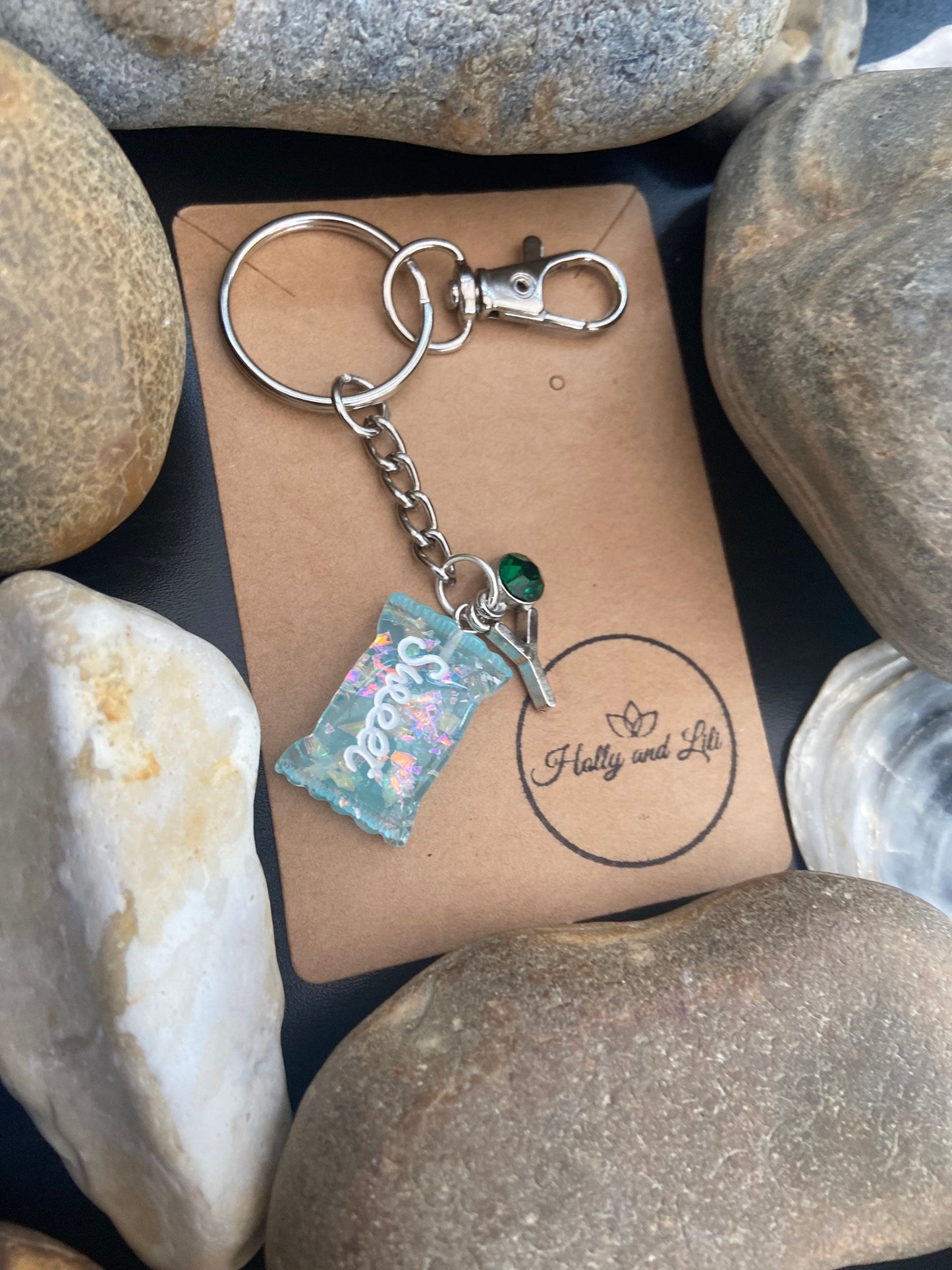 Sweets Style Blue Personalised Keychain, Sweetie Keyring, Alphabet Initials, Birthstone Charm, Zipper Chain, First Keychain, For BFF, Cute