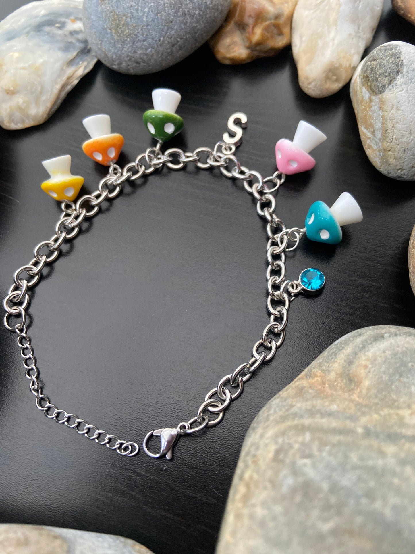 Mushroom Bracelet, Novelty Personalised, Alphabet Initial, Birthstone Charm, Mushroom Anklet, Novelty Shroom, Toadstool Unique Gift For Her