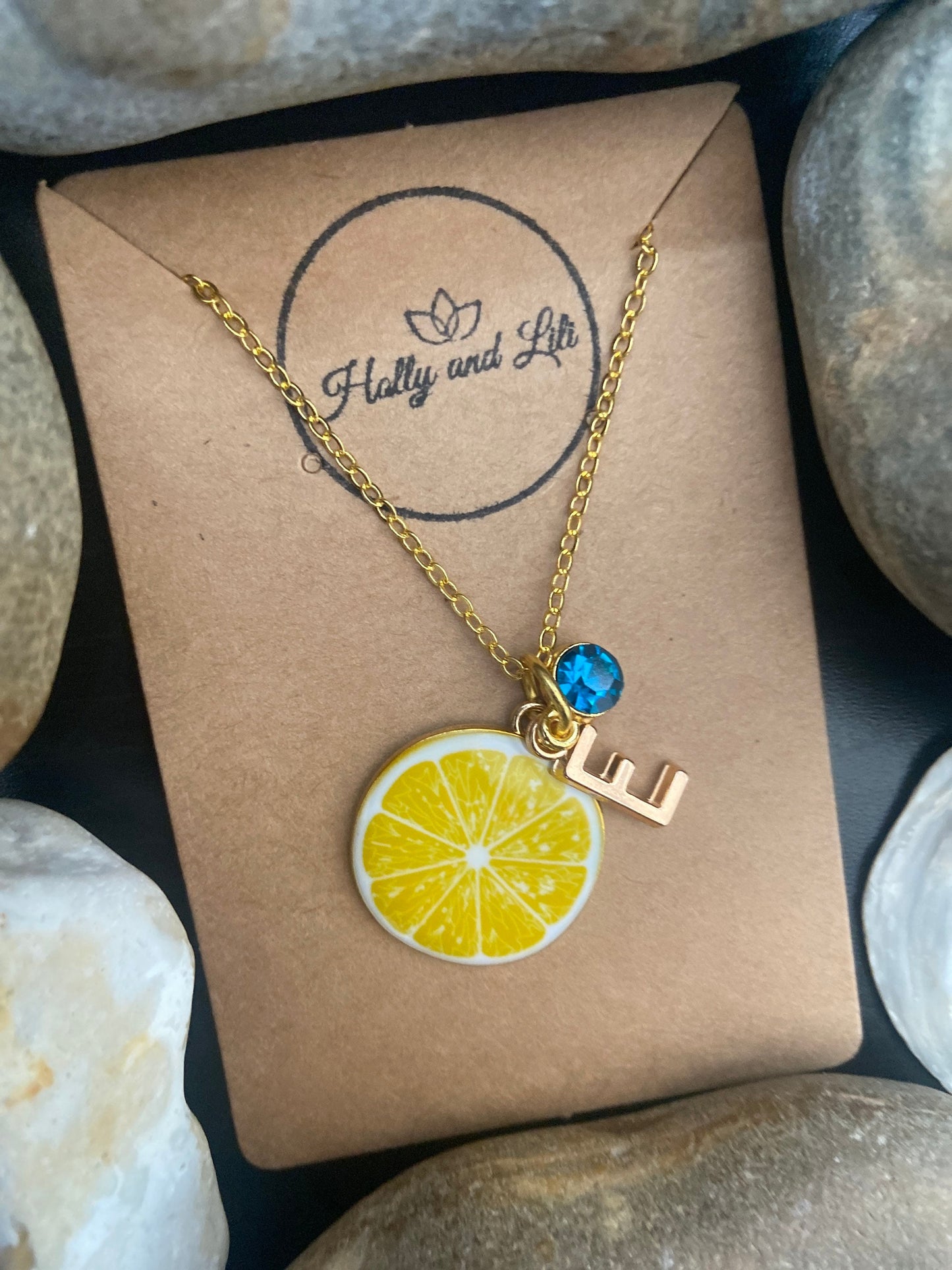 Lemon Fruit Slice, Personalised Pendant Charm Necklace, Alphabet Initials, Birthstone Charm, First Necklace, Cute Unique Gifts and Presents