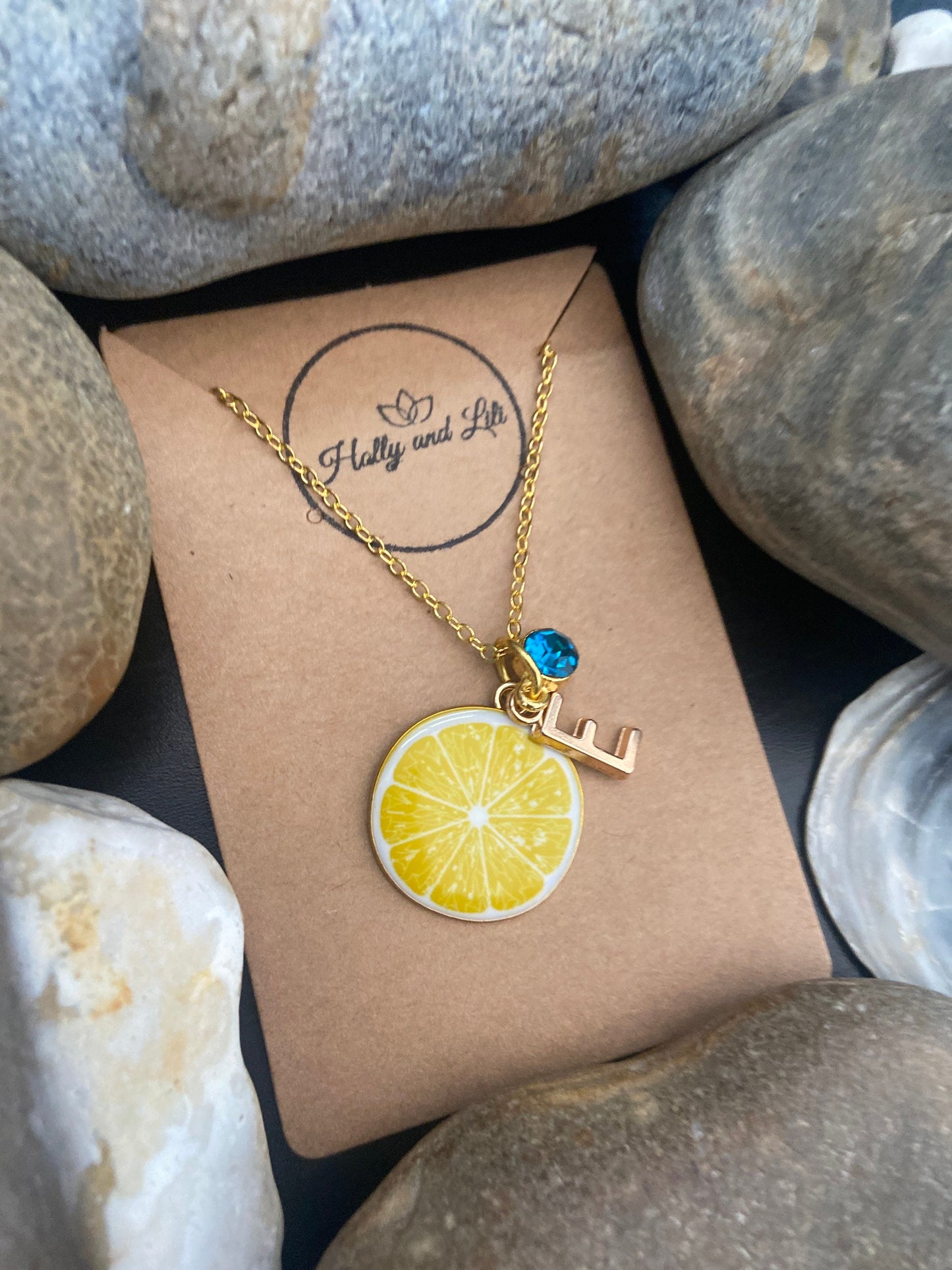 Lemon Fruit Slice, Personalised Pendant Charm Necklace, Alphabet Initials, Birthstone Charm, First Necklace, Cute Unique Gifts and Presents